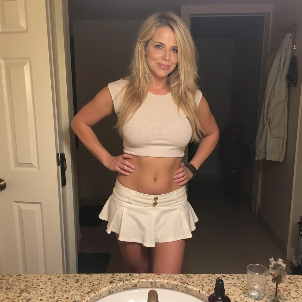 boring low quality snapchat photo circa 2015, milf fit woman, soft light blond hair, mini skirt