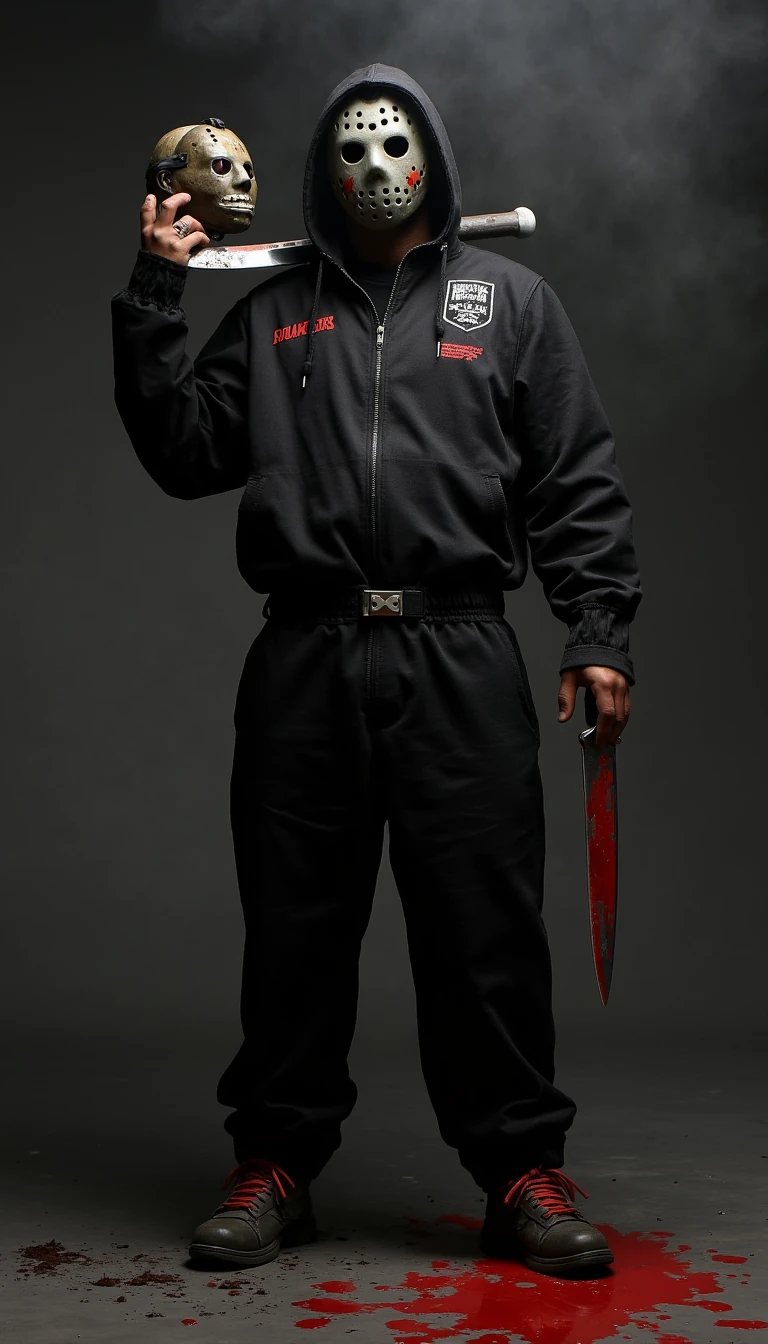 a black urban hood version of jason voorhees in a Jordan jumpsuit full body holding a head as if he was showing it off and in the other his machete resting on his shoulder at the bottom of this head will be a puddle of blood and I would like the head to be smiling scary 