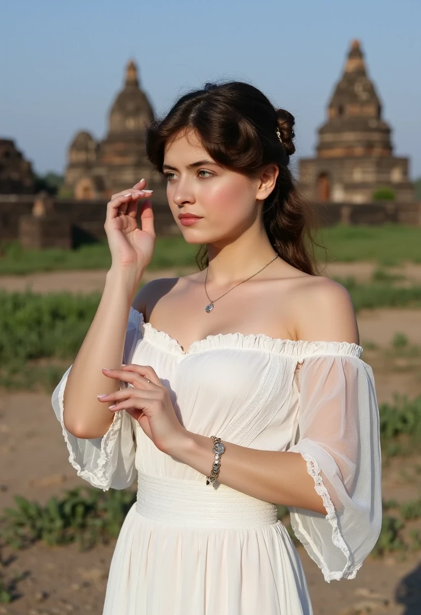 woman CSTMDL, photo ((medium)), brunette, blue eyes, cold smile, 1900 white dress, small pendant, tied hair, big breast, thin waist, cambodian khmer ruins in background
