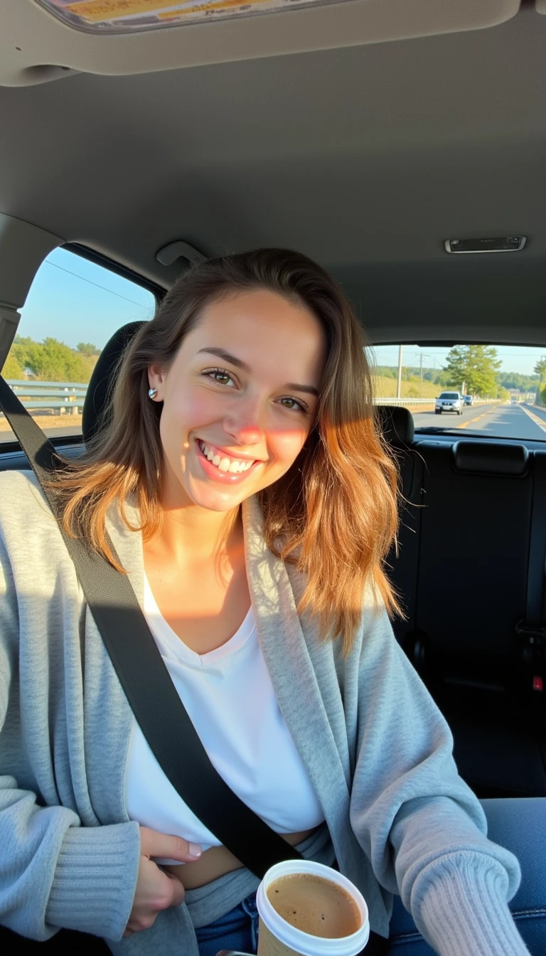 boring low quality snapchat photo iphone selfie style, A young woman with a warm smile, sitting in the driver's seat of a cozy car. She has soft, wavy brown hair cascading past her shoulders. The sunlight streams through the window, casting a gentle glow on her face. The interior of the car is neat and comfortable, with a coffee cup in the cup holder and a small plant on the dashboard. The background outside the window shows a scenic road lined with trees and blue skies
