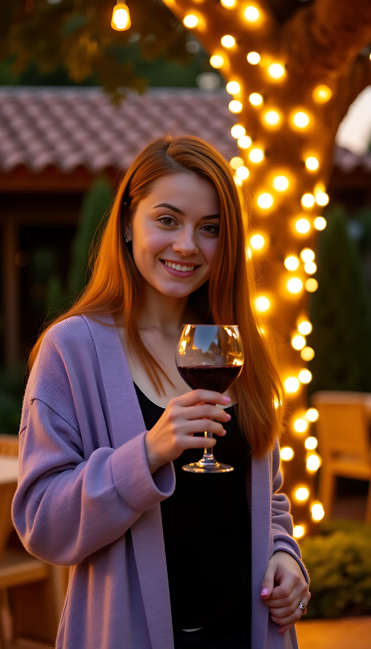 A full body shot photo of a woman standing outdoors at a cozy, warmly lit patio in the evening, with soft, glowing lights wrapped around a tree behind them creating a charming atmosphere. The image is rich in detail, with warm tones and clear textures throughout. The woman has fair skin, a slim build, and long reddish-blonde hair, also worn loose. She is smiling warmly at the camera, holding a glass of red wine in her right hand, and wears a soft-textured lavender cardigan over a black top. The background features a large tree with sparkling string lights wrapped around its trunk and branches, adding a magical touch to the scene. The setting suggests a private outdoor seating area, with elements like terracotta-tiled roofing, greenery, and rattan chairs contributing to a serene, inviting vibe. The overall composition is balanced, with the woman framed against the softly glowing tree, and the lighting enhances the warm, intimate feel of a quiet evening shared among friends. The details are vivid, with textures of clothing, skin, and background elements clearly visible, while the warm lighting creates a relaxed and joyful mood