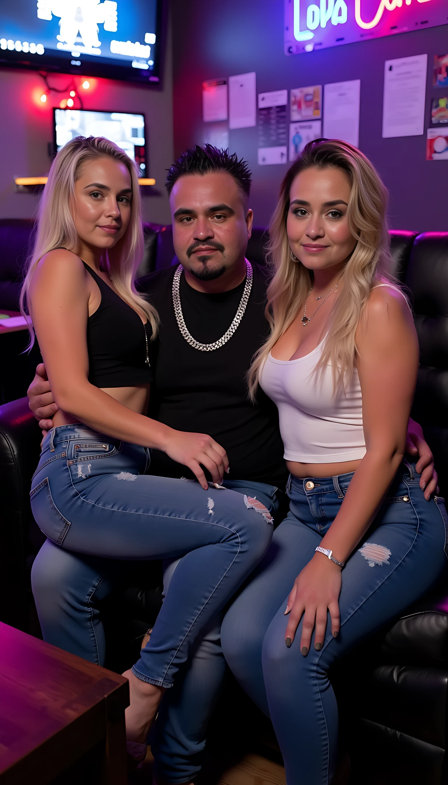 Man full average body  wearing a thick diamond chain seating on a king chair with a 2 beautiful blonde woman with blue eyes wearing sexy jeans seating on his lab with a night club background  highlight the blue eyes 