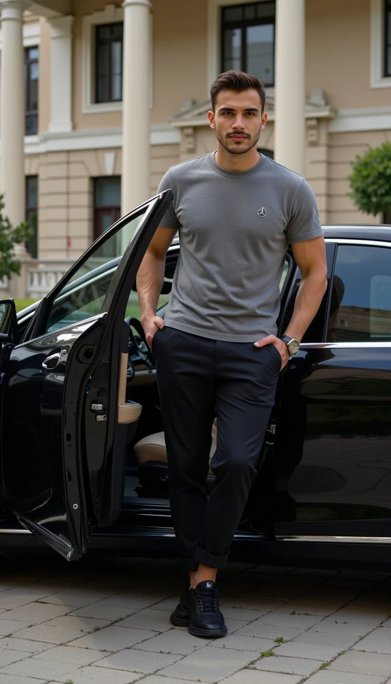 Photorealistic full-body photo of a young handsome man, he wears grey t-shirt, long elegant trousers, black sneakers, He is standing near the Mercedes S-Class Maybach and opening the driver's door. He is facing to camera


Lifestyle influencer aesthetic, cinematic realism, ultra-detailed, 8K
The photo feels cinematic, influencer-style, high quality, professional composition.
Well lit picture, Style: Photorealistic Lighting: studio lighting 
Details: Bright Lighting, High Detail, 4K
he stand infront of camera , photoghraped by a photograph
