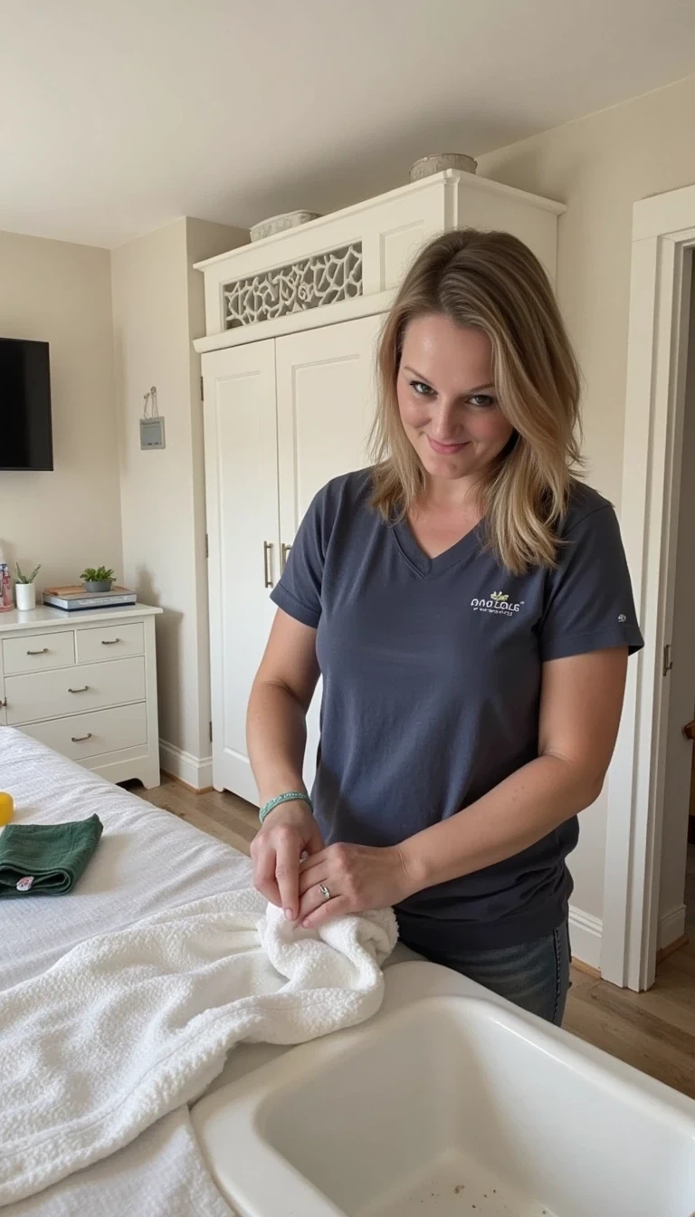 photo of woman CSTMDL cleaning the house