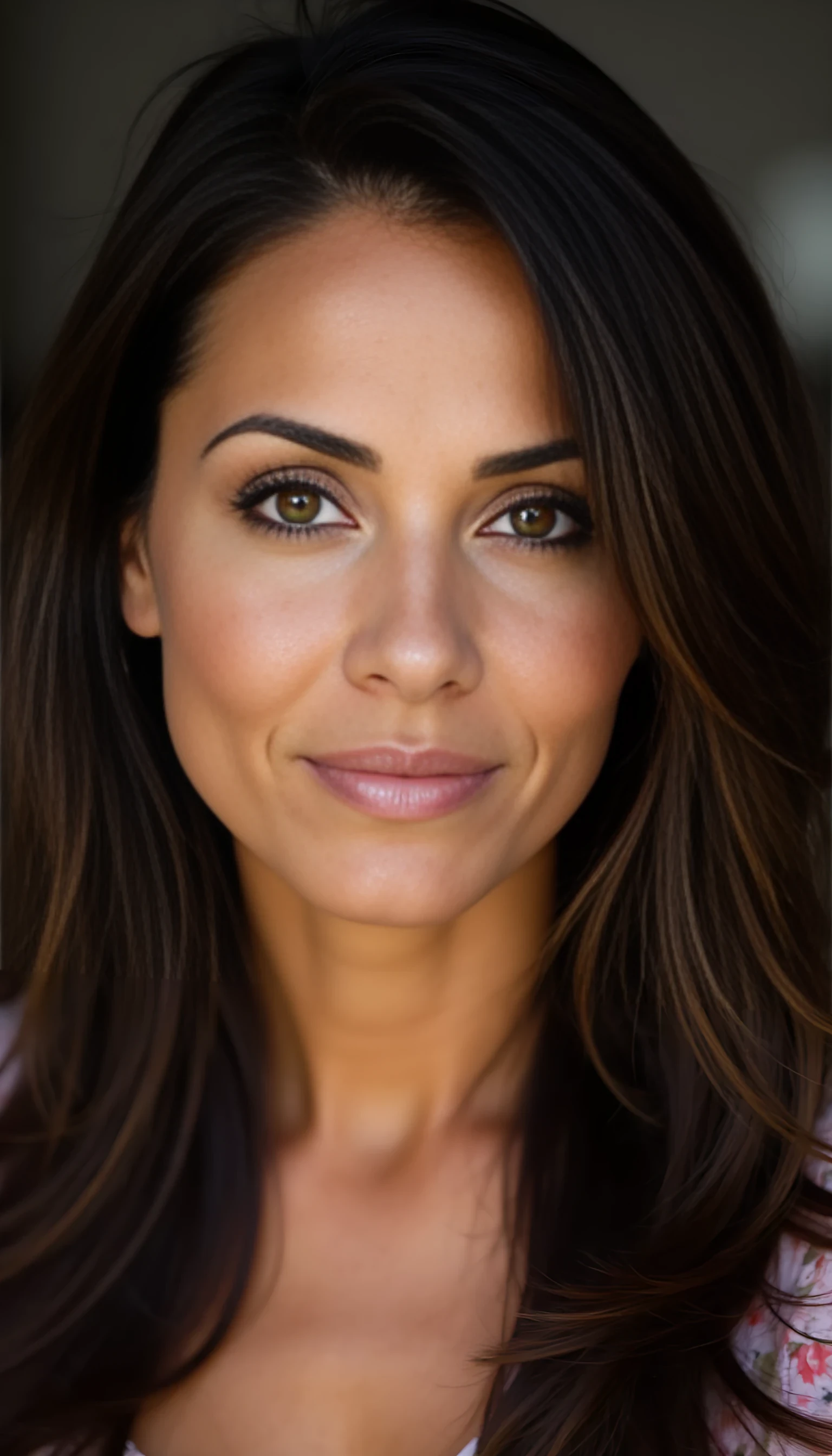 A portrait photo of a beautiful 45 years old woman, mixed ethnicity of half white American half Brazilian, with dark brown hair, ultra detailed eyes with sharp iris reflections, slight smile, ultra high-quality