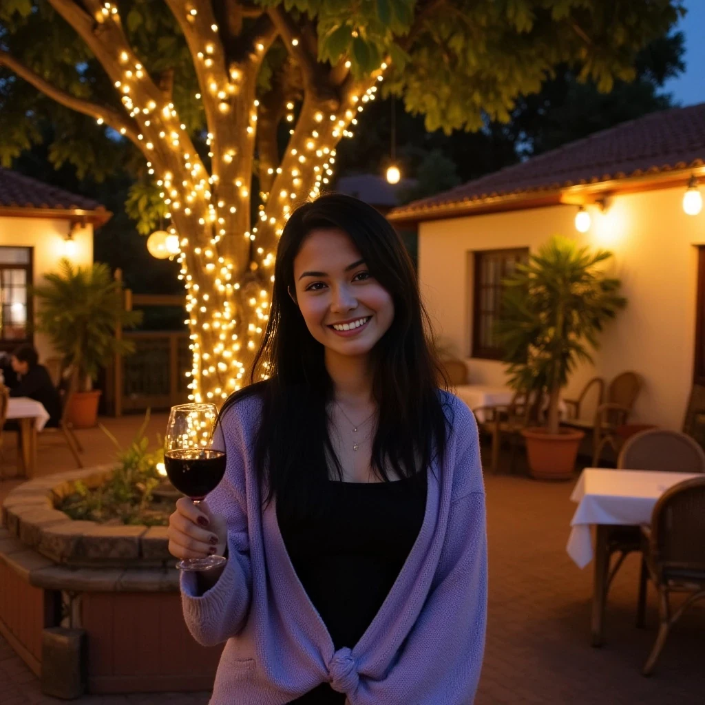 A full body shot photo of an asian woman standing outdoors at a cozy, warmly lit patio in the evening, with soft, glowing lights wrapped around a tree behind them creating a charming atmosphere. The image is rich in detail, with warm tones and clear textures throughout. The woman has fair skin, a slim build, and long black hair, also worn loose. She is smiling warmly at the camera, holding a glass of red wine in her right hand, and wears a soft-textured lavender cardigan over a black top. The background features a large tree with sparkling string lights wrapped around its trunk and branches, adding a magical touch to the scene. The setting suggests a private outdoor seating area, with elements like terracotta-tiled roofing, greenery, and rattan chairs contributing to a serene, inviting vibe. The overall composition is balanced, with the woman framed against the softly glowing tree, and the lighting enhances the warm, intimate feel of a quiet evening shared among friends. The details are vivid, with textures of clothing, skin, and background elements clearly visible, while the warm lighting creates a relaxed and joyful mood