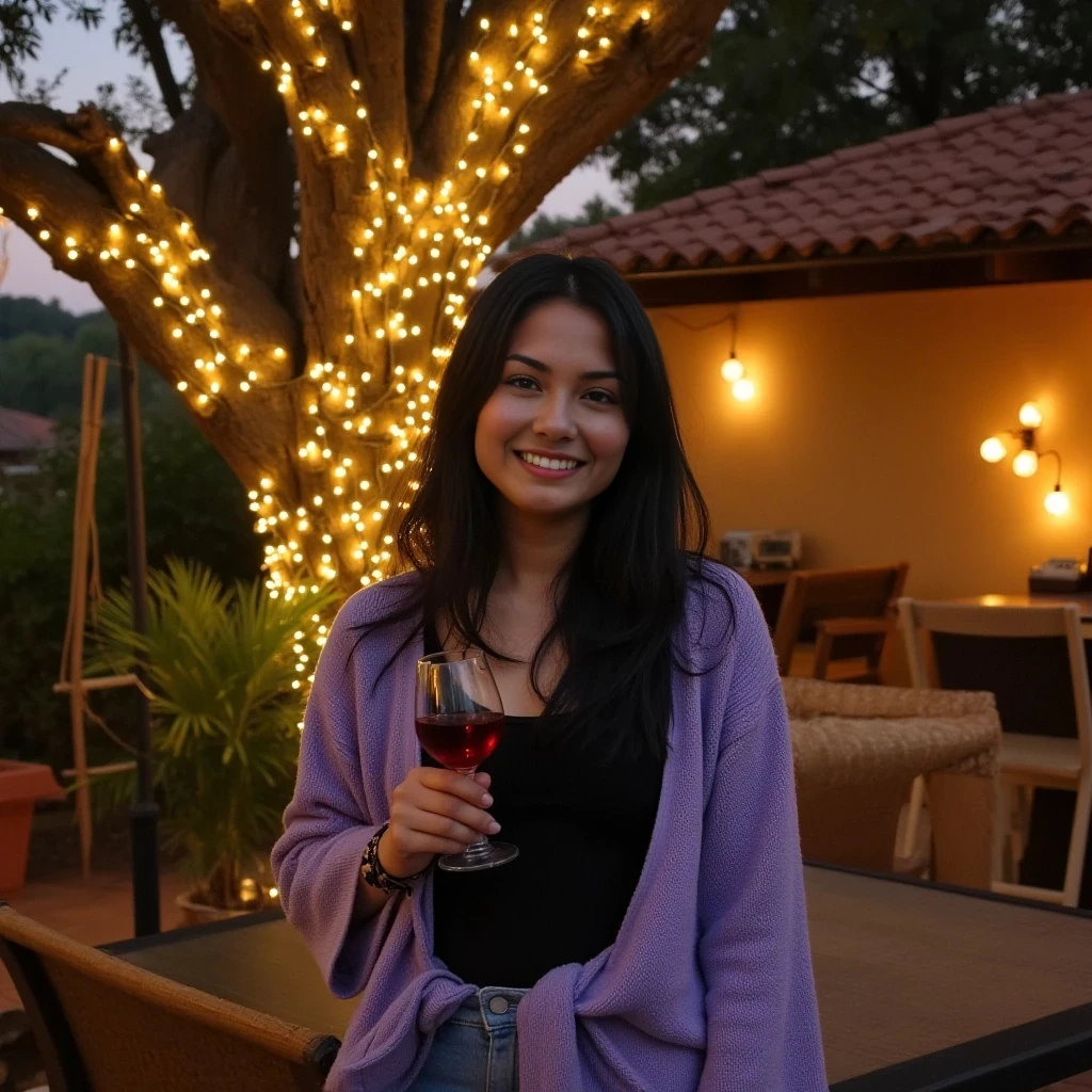 A full body shot photo of an asian woman standing outdoors at a cozy, warmly lit patio in the evening, with soft, glowing lights wrapped around a tree behind them creating a charming atmosphere. The image is rich in detail, with warm tones and clear textures throughout. The woman has fair skin, a slim build, and long black hair, also worn loose. She is smiling warmly at the camera, holding a glass of red wine in her right hand, and wears a soft-textured lavender cardigan over a black top. The background features a large tree with sparkling string lights wrapped around its trunk and branches, adding a magical touch to the scene. The setting suggests a private outdoor seating area, with elements like terracotta-tiled roofing, greenery, and rattan chairs contributing to a serene, inviting vibe. The overall composition is balanced, with the woman framed against the softly glowing tree, and the lighting enhances the warm, intimate feel of a quiet evening shared among friends. The details are vivid, with textures of clothing, skin, and background elements clearly visible, while the warm lighting creates a relaxed and joyful mood
