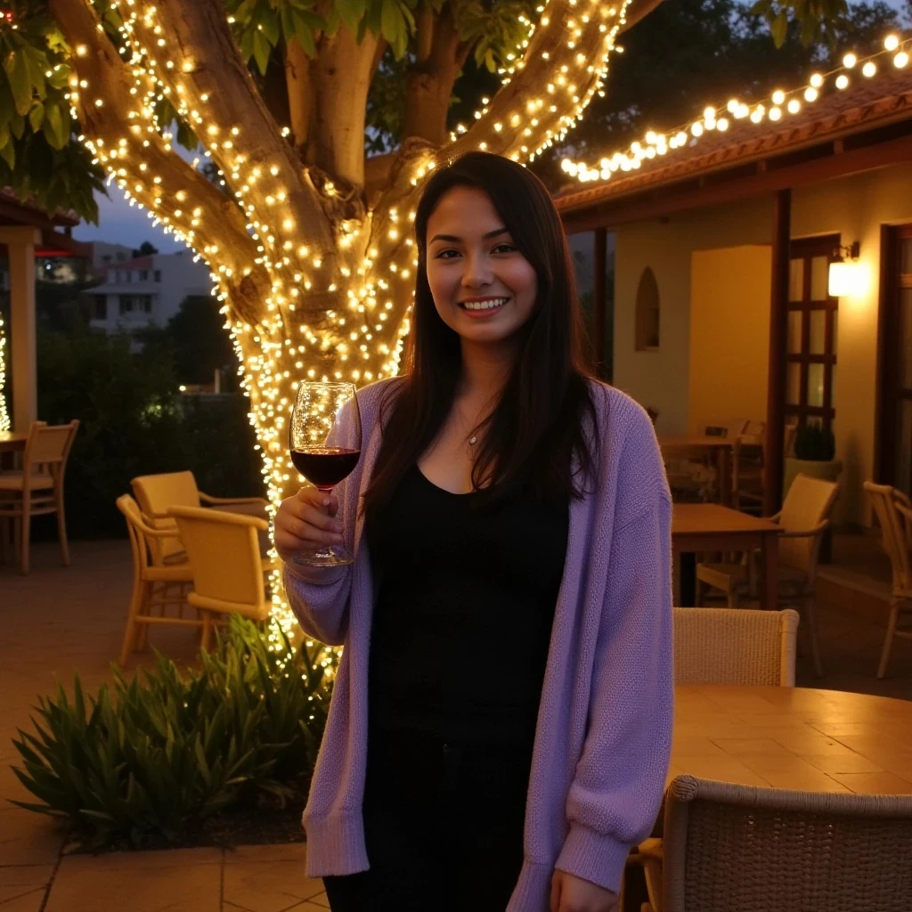 A full body shot photo of an asian woman standing outdoors at a cozy, warmly lit patio in the evening, with soft, glowing lights wrapped around a tree behind them creating a charming atmosphere. The image is rich in detail, with warm tones and clear textures throughout. The woman has fair skin, a slim build, and long black hair, also worn loose. She is smiling warmly at the camera, holding a glass of red wine in her right hand, and wears a soft-textured lavender cardigan over a black top. The background features a large tree with sparkling string lights wrapped around its trunk and branches, adding a magical touch to the scene. The setting suggests a private outdoor seating area, with elements like terracotta-tiled roofing, greenery, and rattan chairs contributing to a serene, inviting vibe. The overall composition is balanced, with the woman framed against the softly glowing tree, and the lighting enhances the warm, intimate feel of a quiet evening shared among friends. The details are vivid, with textures of clothing, skin, and background elements clearly visible, while the warm lighting creates a relaxed and joyful mood