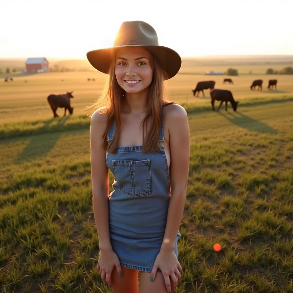 boring low quality snapchat photo circa 2015, young college girl wearing only denim bib in a farmer's hat, standing in a suggestive pose. The scene is set on a farm, with an open field stretching behind her, dotted with crops and a distant barn visible on the horizon. Few scattered farm animals like cows and chickens can be seen grazing and roaming in the background. The light from the setting sun gives a soft orange glow across her face and upper body, casting long shadows across the field. The overall ambiance is relaxed and candid, evoking a casual rural atmosphere.
