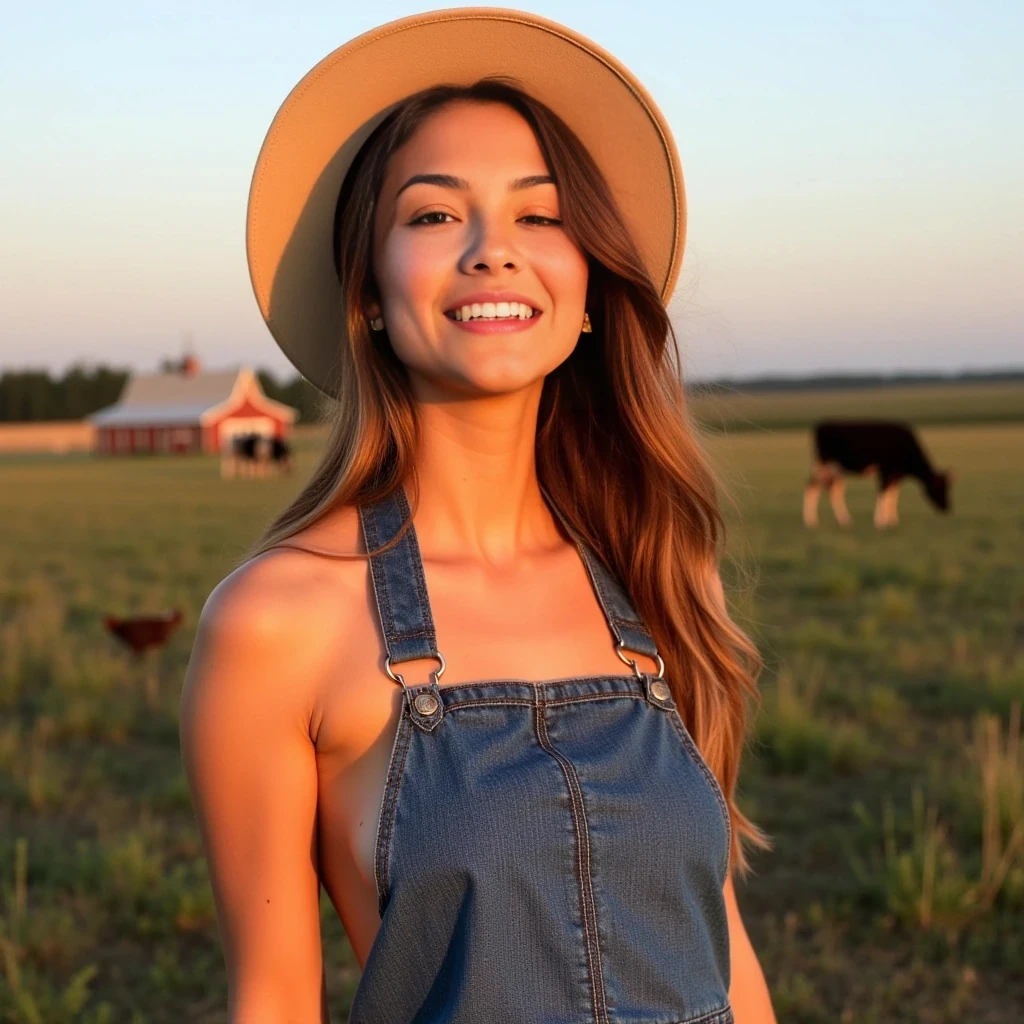 boring low quality snapchat photo circa 2015, young college girl wearing only denim bib in a farmer's hat, standing in a suggestive pose. The scene is set on a farm, with an open field stretching behind her, dotted with crops and a distant barn visible on the horizon. Few scattered farm animals like cows and chickens can be seen grazing and roaming in the background. The light from the setting sun gives a soft orange glow across her face and upper body, casting long shadows across the field. The overall ambiance is relaxed and candid, evoking a casual rural atmosphere.