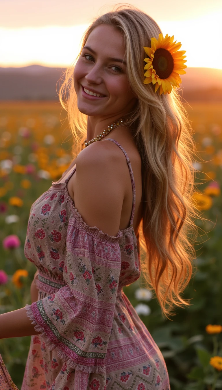 A photorealistic image of a 29 year old woman with long blonde wavy hair, wearing a bohemian dress, dancing in a flower field during golden hour with a beautiful pink sunset in the distance, while smiling with perfect white teeth, with medium size breasts and a sunflower in her hair