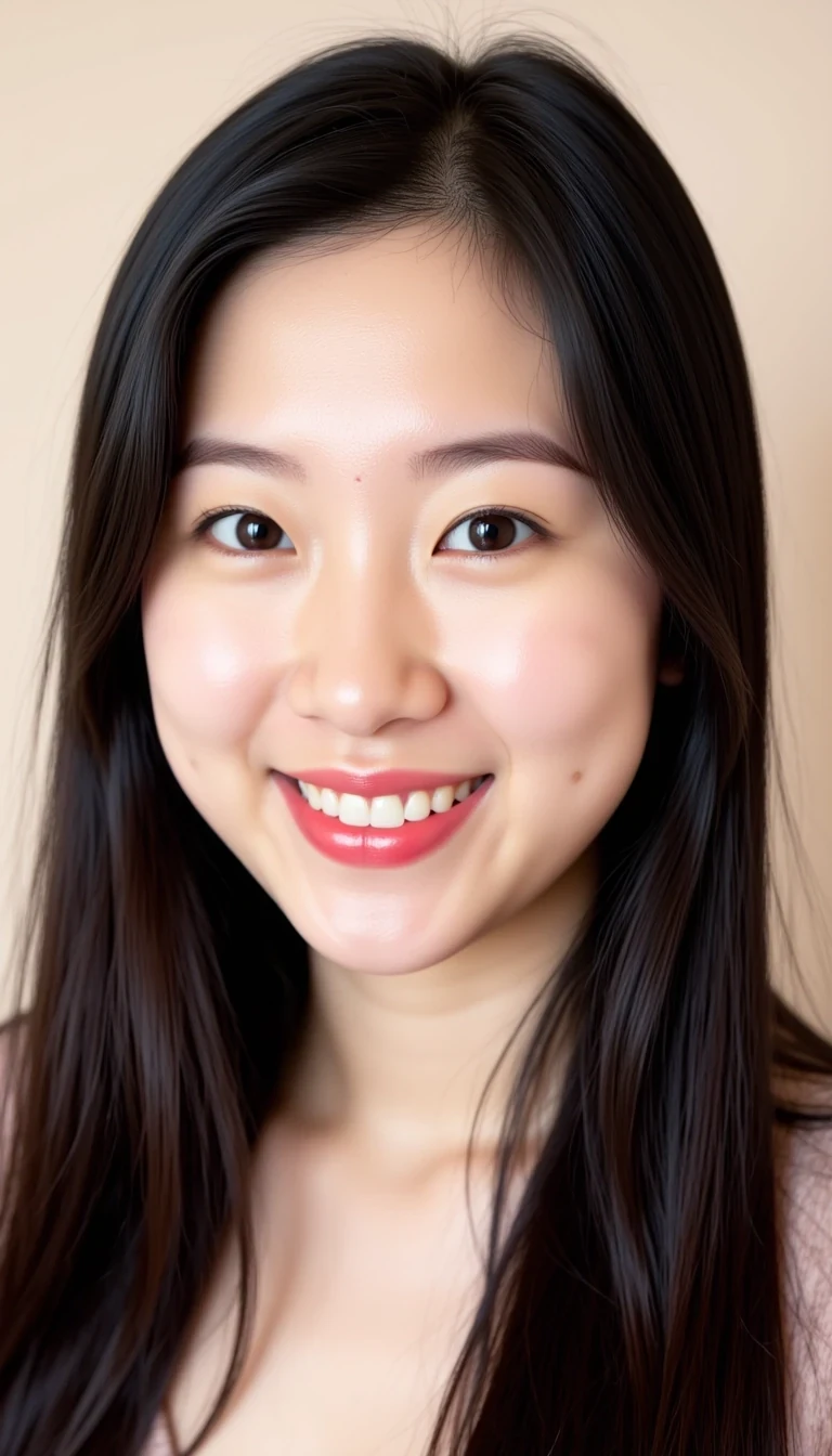 A portrait of a young woman with long, straight black hair cascading over her shoulders, framed against a soft, neutral background that enhances her features. She has a warm, smiling expression, showcasing her bright, clear skin with a natural sheen. Her eyes are large and expressive, accentuated by subtle makeup that highlights her features without overpowering them. The overall style is modern and clean, emphasizing sincerity and approachability. This image gives off a positive, upbeat vibe, suggesting confidence and warmth, making it suitable for use in a professional or friendly context.

