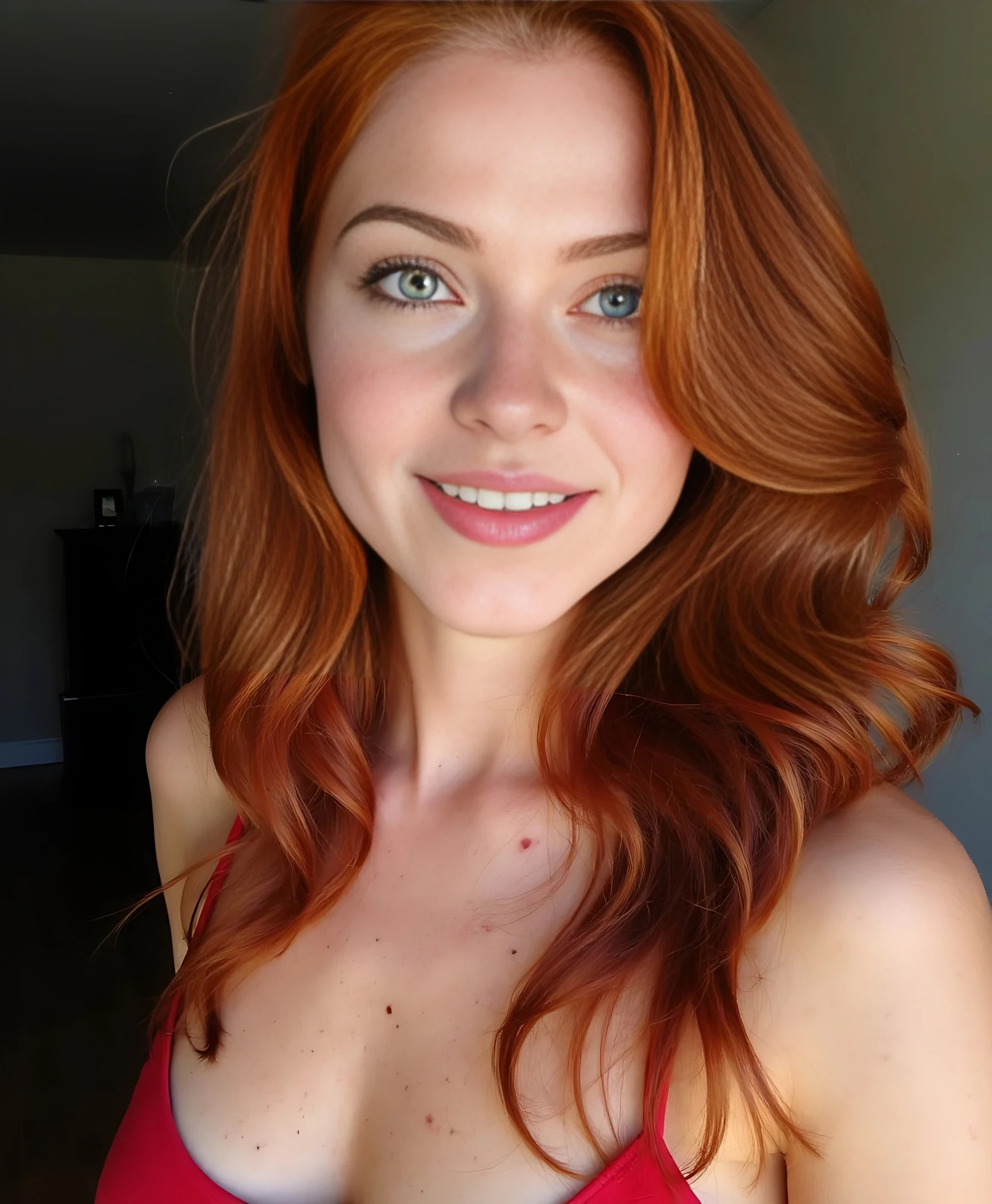 boring low quality snapchat photo circa 2015, photo of a breathtaking 26-year-old woman with long wavy deep red hair cascading down her back and over one shoulder. her porcelain skin is lightly dotted with natural freckles, especially across her chest and collarbones. she has striking emerald green eyes, full glossy lips, a delicate nose, soft cheekbones, and a symmetrical face with a gentle jawline. she is turned slightly left from the camera, showing about 75% of her face. her far cheek is softly shadowed while the near side is fully lit. her eyes are looking slightly off to the side, with a subtle, playful smile. her red curls fall over one shoulder, revealing soft freckles across her cheek.