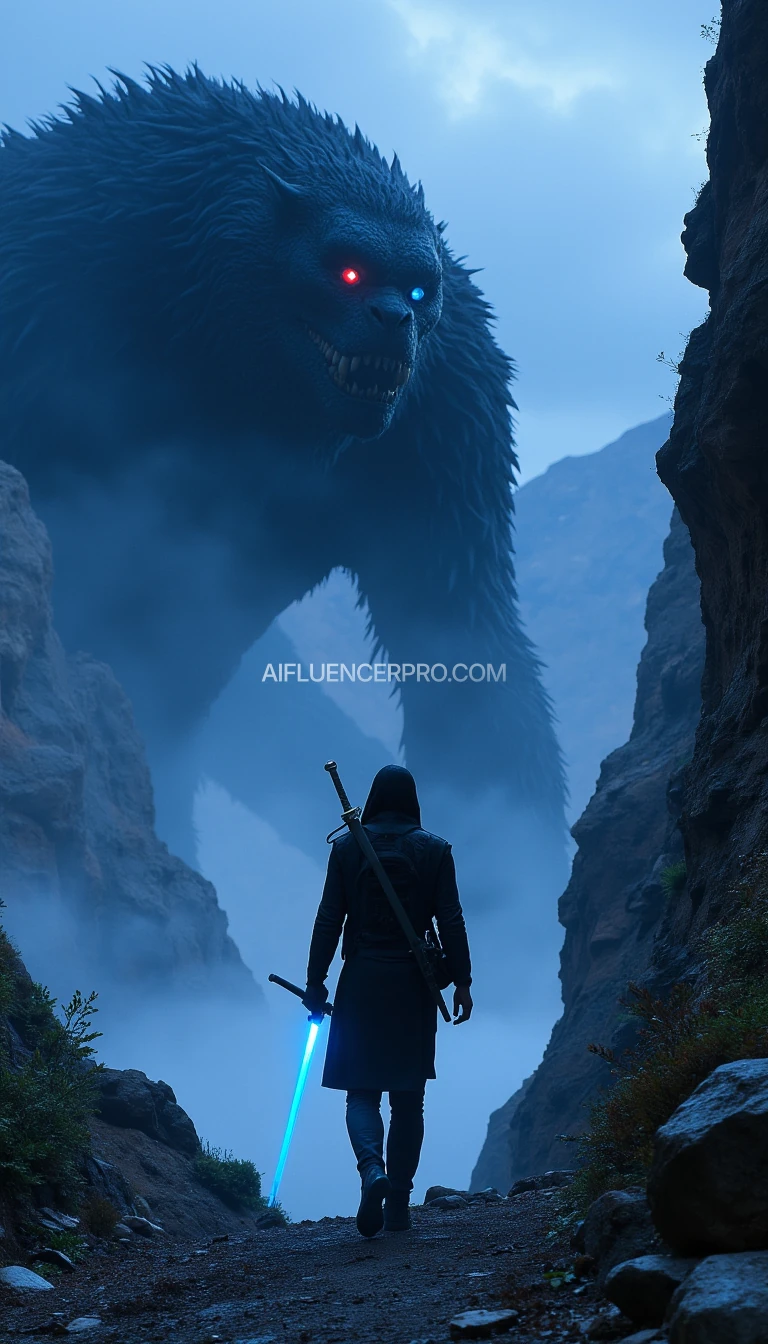 a men with blue eyes and a sword in blue color walking towards the screen and behind him a big black monster seeing the screen with red eye, this scenario happens in a cliff of a mountain 
