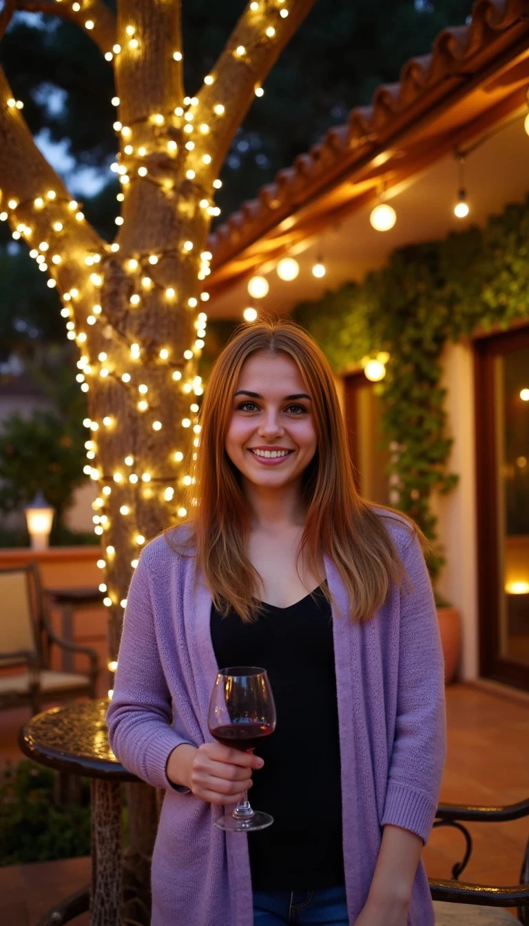 A full body shot photo of a woman standing outdoors at a cozy, warmly lit patio in the evening, with soft, glowing lights wrapped around a tree behind them creating a charming atmosphere. The image is rich in detail, with warm tones and clear textures throughout. The woman has fair skin, a slim build, and long reddish-blonde hair, also worn loose. She is smiling warmly at the camera, holding a glass of red wine in her right hand, and wears a soft-textured lavender cardigan over a black top. The background features a large tree with sparkling string lights wrapped around its trunk and branches, adding a magical touch to the scene. The setting suggests a private outdoor seating area, with elements like terracotta-tiled roofing, greenery, and rattan chairs contributing to a serene, inviting vibe. The overall composition is balanced, with the woman framed against the softly glowing tree, and the lighting enhances the warm, intimate feel of a quiet evening shared among friends. The details are vivid, with textures of clothing, skin, and background elements clearly visible, while the warm lighting creates a relaxed and joyful mood