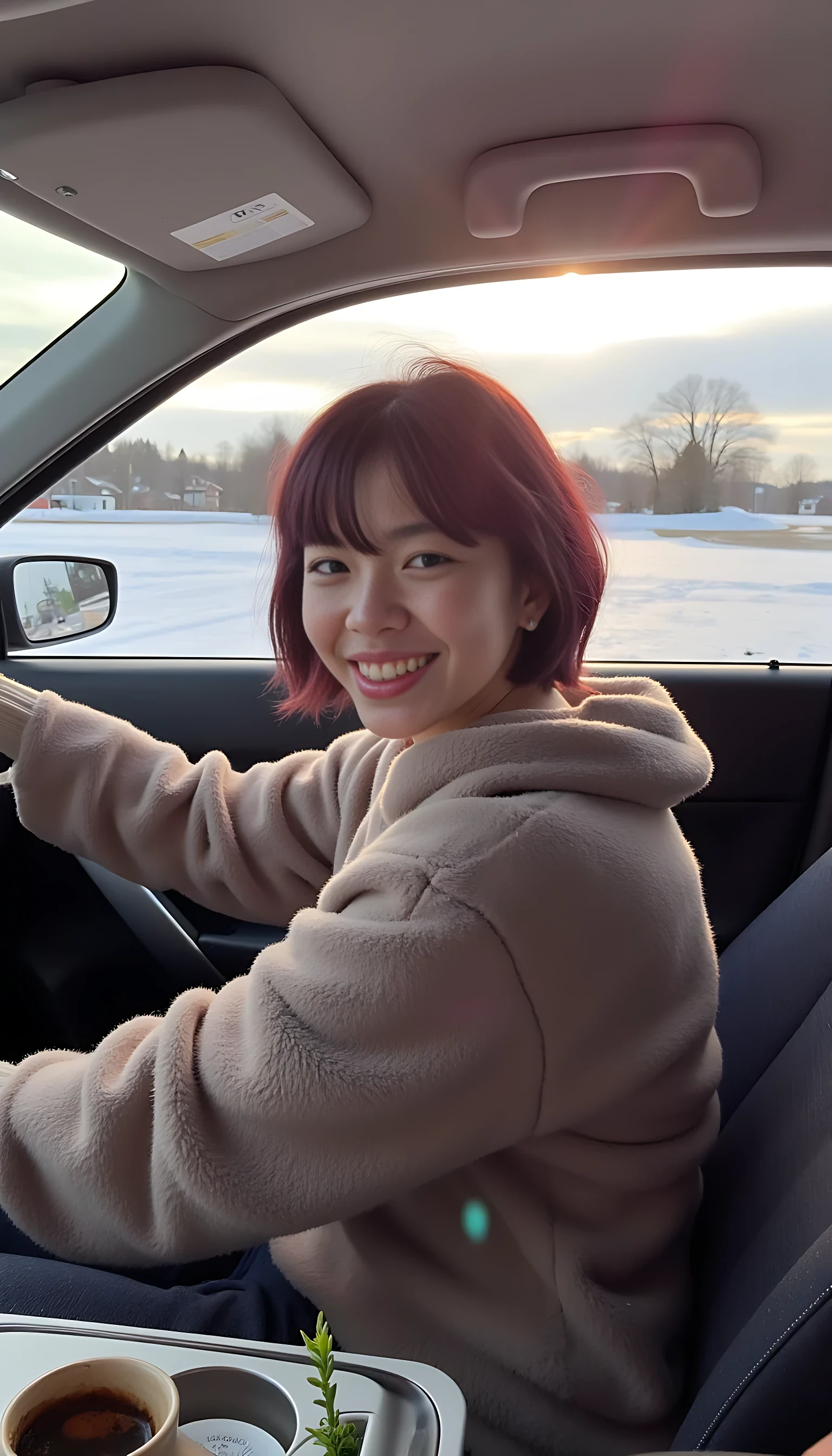 boring low quality snapchat photo circa 2015, A young japanase woman with a warm smile, sitting in the driver's seat of a cozy car. She has short soft, wavy red purple hairs . The sunlight streams through the window, casting a gentle glow on her face. The interior of the car is neat and comfortable, with a coffee cup in the cup holder and a small plant on the dashboard. The background outside the window shows a snowy scenic road lined with maple trees and cloudy sky