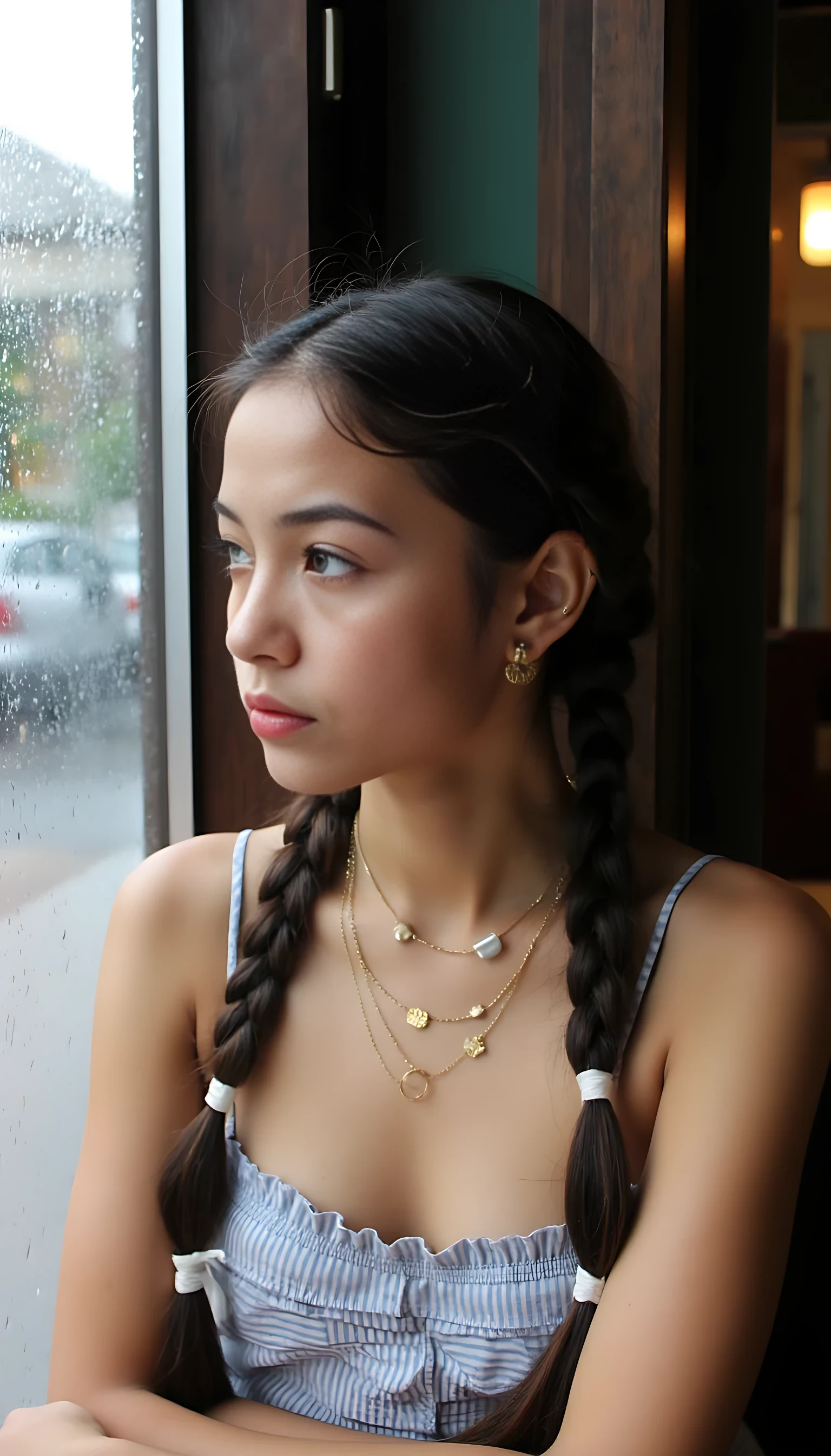 A full body shot photo of a a young woman sits beside a rain-covered window in a quiet café, lit by soft gray daylight filtering through the glass. Her light-medium skin reflects a cool natural light, contrasting gently with the warm interior. She has blue-green almond-shaped eyes that gaze thoughtfully outside, long dark lashes, and soft, arched eyebrows. Her facial features are delicate — a straight nose, full lips, and high cheekbones — framed by two dark brown braids with white ties. Small gold earrings and layered necklaces catch the ambient light subtly. Her posture is upright but relaxed, with a calm and reflective presence. Her physique is well-balanced and elegant, with an estimated 34" bust, 24" waist, and 35" hips, standing around 5'5". The soft lighting and rainy atmosphere create a serene, introspective mood.