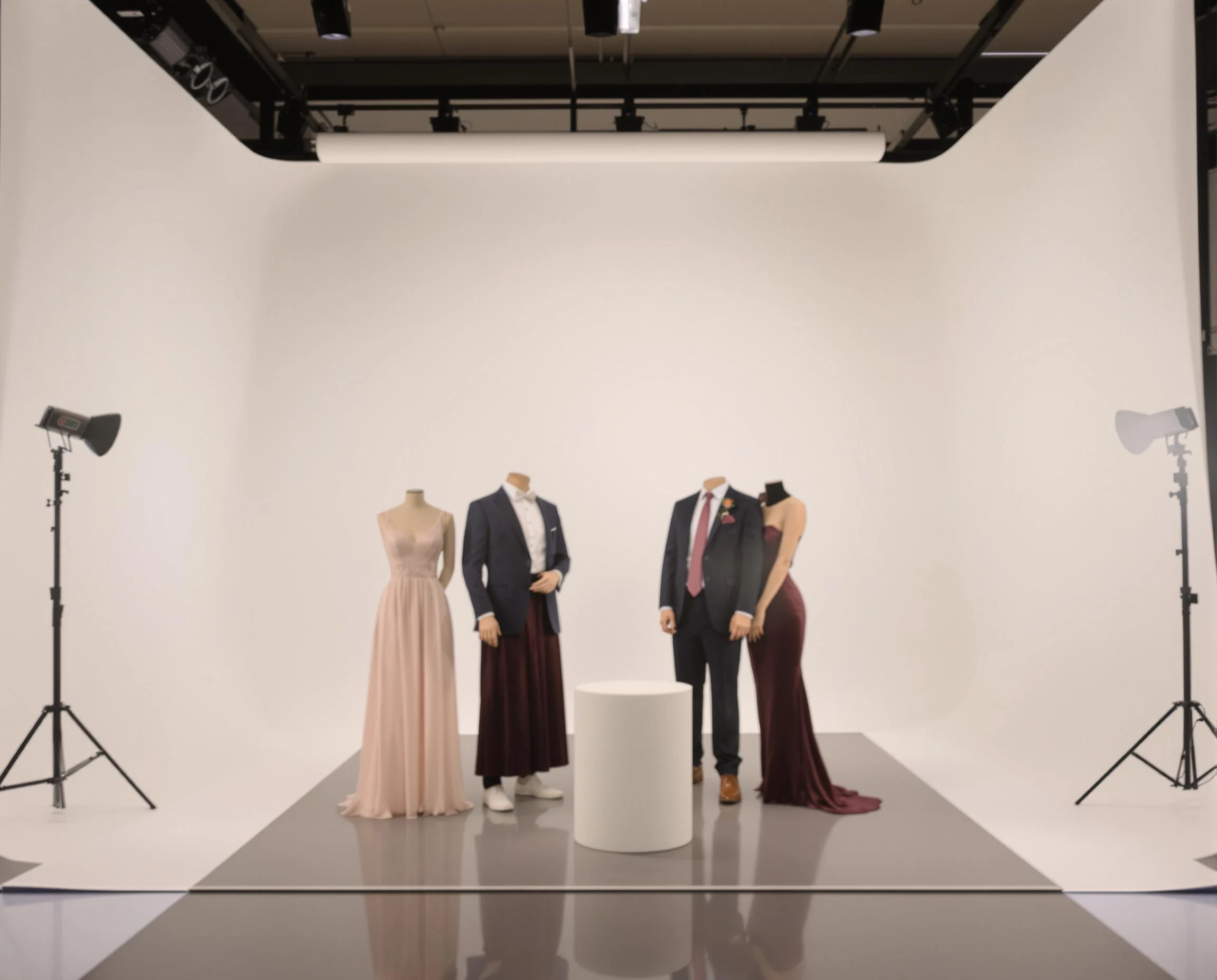 A modern photo studio with professional studio lighting, featuring soft, diffused key lights and a clean, neutral backdrop. In the center of the composition is an empty placeholder object (e.g., a neutral, featureless white mannequin or a simple pedestal) designed to be replaced later with a subject. Surrounding the placeholder, at the sides of the frame, are wedding guests dressed in elegant attire, arranged casually as if waiting for the main subject to take their place. The atmosphere should feel celebratory and warm, with the lighting highlighting the guests and casting subtle, natural shadows. Ensure the focus is on the central placeholder, while the wedding guests appear slightly blurred in the background to suggest depth and attention to the center.