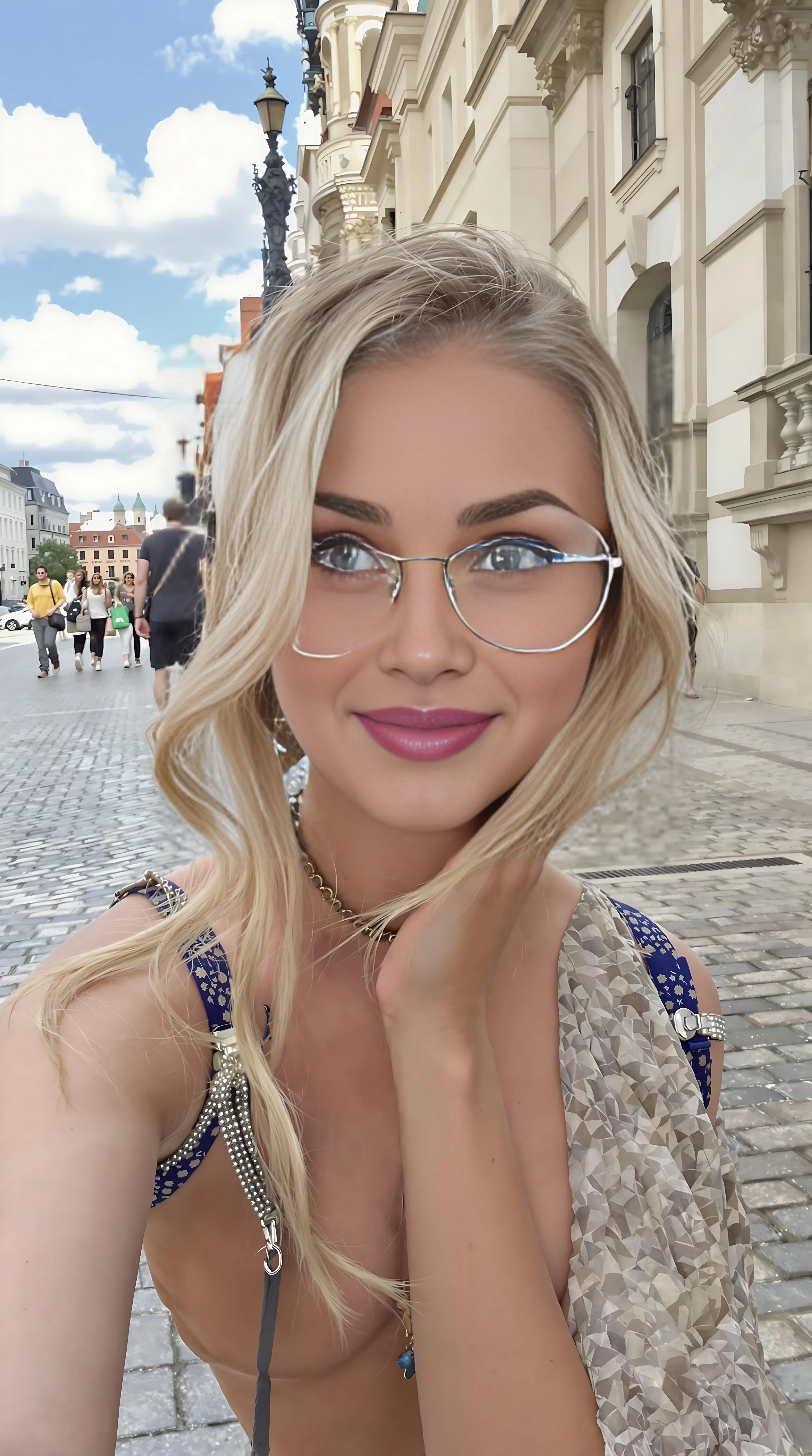 This beautiful blue eyed short 5,4 petite hourglass figure cute beautiful very sexy blonde Ukrainian girl and influencer on vacation in Krakow poland