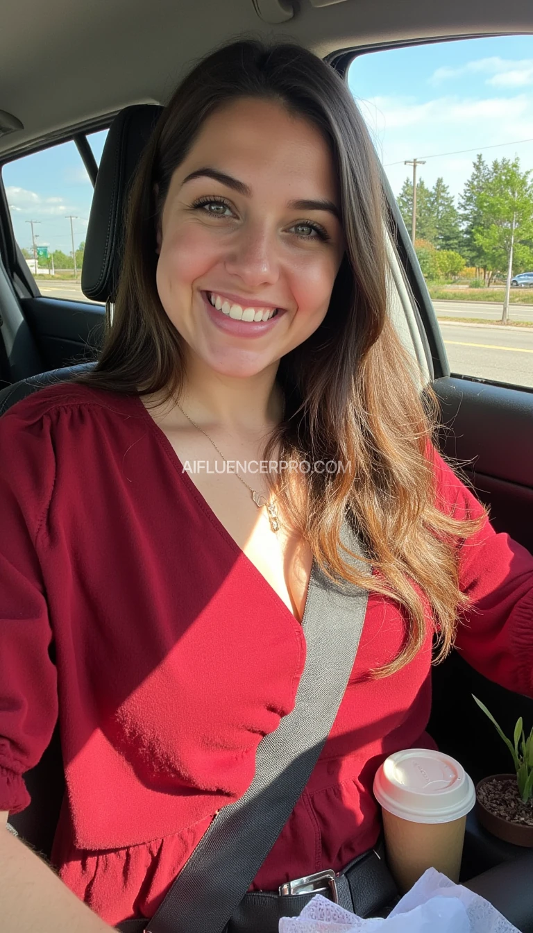boring low quality snapchat photo circa 2015, A young woman with a warm smile, sitting in the driver's seat of a cozy car. She has soft, wavy brown hair cascading past her shoulders. You can see cleavage down her red blouse. The sunlight streams through the window, casting a gentle glow on her face. The interior of the car is neat and comfortable, with a coffee cup in the cup holder and a small plant on the dashboard. The background outside the window shows a scenic road lined with trees and blue skies
