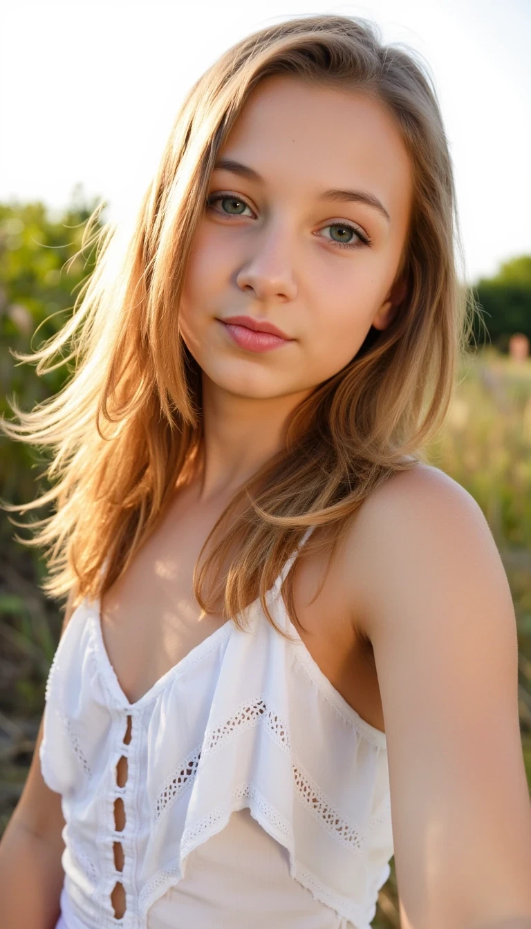 A young pre teen female model, petite blonde emo-cowgirl taking a close-up selfie outdoors at golden hour, long wavy blonde hair with red and black streaks glowing in the sunset. Blue eyes with bold eyeliner, fair skin. Outfit: white sundress with cowboy boots. Mood: dreamy and flirty, slight smile with head tilted. Style: high-res Instagram selfie, lens flare in the background CSTMDL