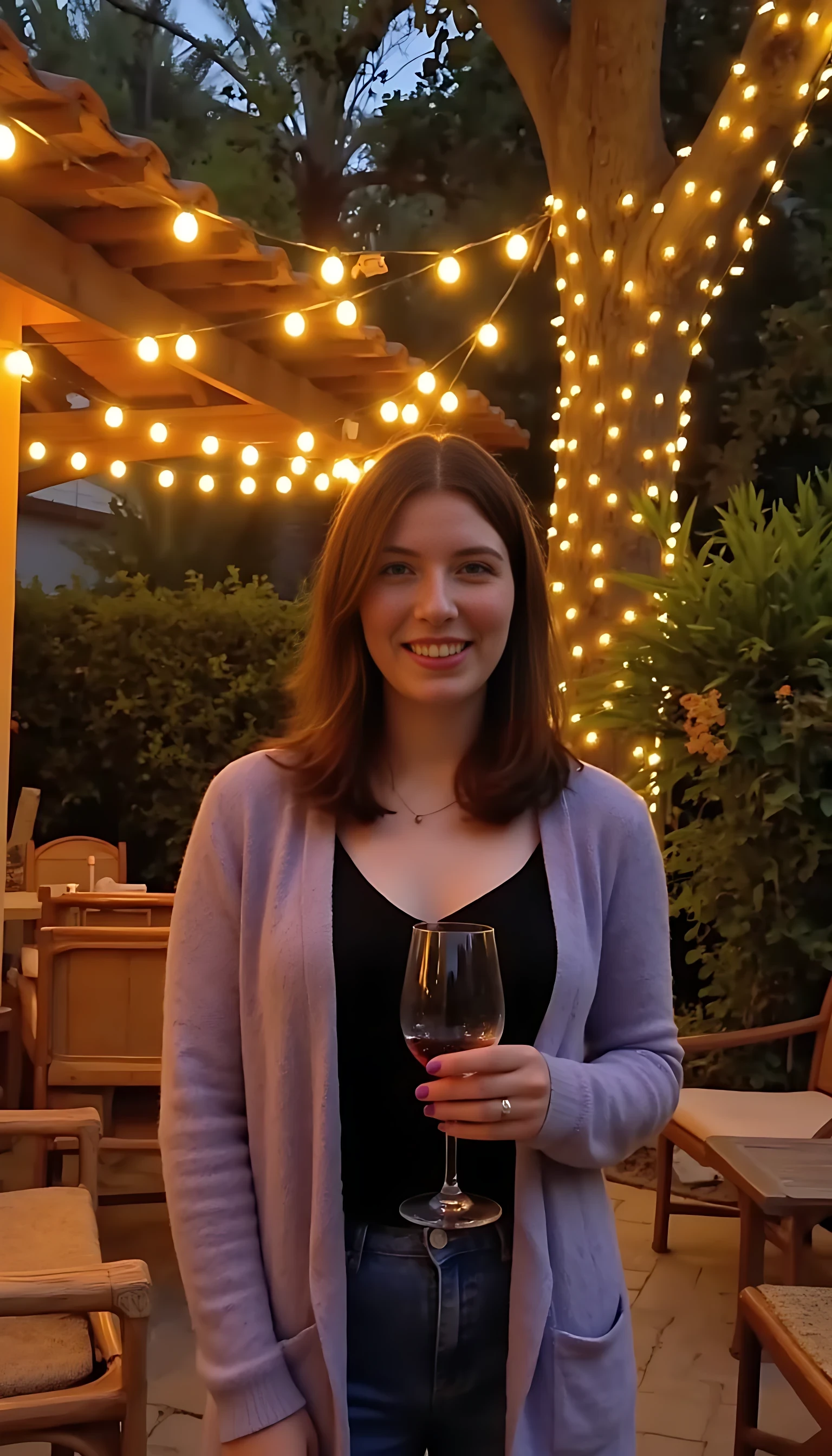 A full body shot photo of a woman standing outdoors at a cozy, warmly lit patio in the evening, with soft, glowing lights wrapped around a tree behind them creating a charming atmosphere. The image is rich in detail, with warm tones and clear textures throughout. The woman has fair skin, a slim build, and long reddish-blonde hair, also worn loose. She is smiling warmly at the camera, holding a glass of red wine in her right hand, and wears a soft-textured lavender cardigan over a black top. The background features a large tree with sparkling string lights wrapped around its trunk and branches, adding a magical touch to the scene. The setting suggests a private outdoor seating area, with elements like terracotta-tiled roofing, greenery, and rattan chairs contributing to a serene, inviting vibe. The overall composition is balanced, with the woman framed against the softly glowing tree, and the lighting enhances the warm, intimate feel of a quiet evening shared among friends. The details are vivid, with textures of clothing, skin, and background elements clearly visible, while the warm lighting creates a relaxed and joyful mood