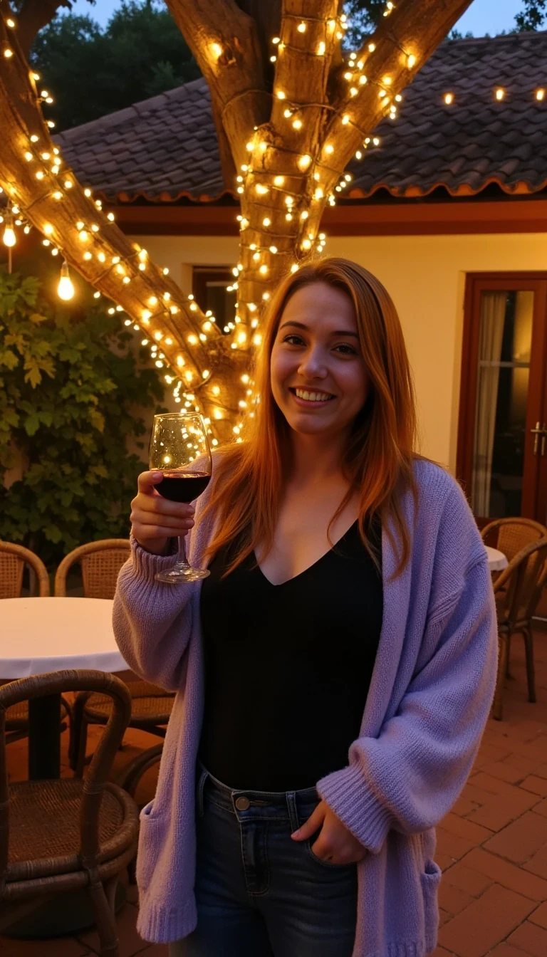 A full body shot photo of a woman standing outdoors at a cozy, warmly lit patio in the evening, with soft, glowing lights wrapped around a tree behind them creating a charming atmosphere. The image is rich in detail, with warm tones and clear textures throughout. The woman has fair skin, a slim build, and long reddish-blonde hair, also worn loose. She is smiling warmly at the camera, holding a glass of red wine in her right hand, and wears a soft-textured lavender cardigan over a black top. The background features a large tree with sparkling string lights wrapped around its trunk and branches, adding a magical touch to the scene. The setting suggests a private outdoor seating area, with elements like terracotta-tiled roofing, greenery, and rattan chairs contributing to a serene, inviting vibe. The overall composition is balanced, with the woman framed against the softly glowing tree, and the lighting enhances the warm, intimate feel of a quiet evening shared among friends. The details are vivid, with textures of clothing, skin, and background elements clearly visible, while the warm lighting creates a relaxed and joyful mood