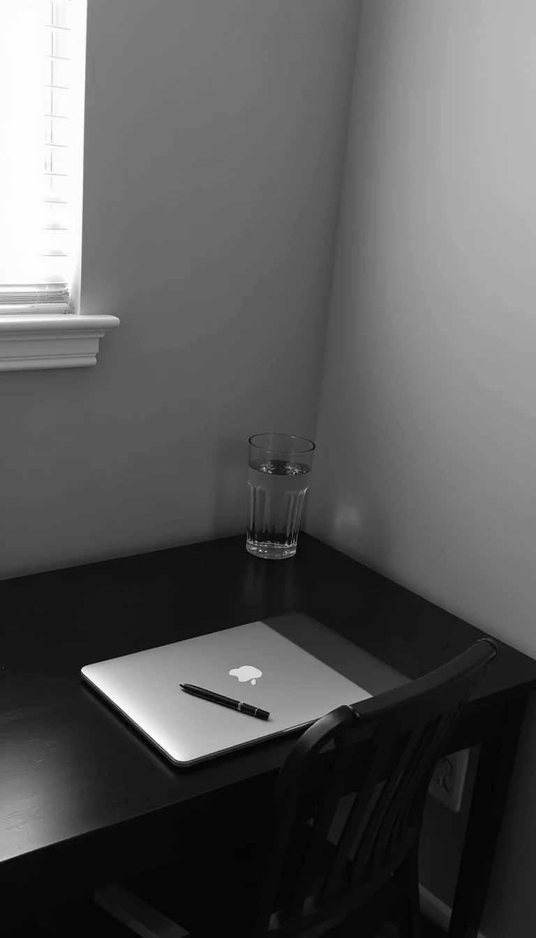 boring low quality snapchat photo circa 2015, this picture is being taken of a black desk in the corner of a room touching the grey walls to the right of the desk and behind the desk. The desk has an all black pen, a macbook air and a glass of water on it. 