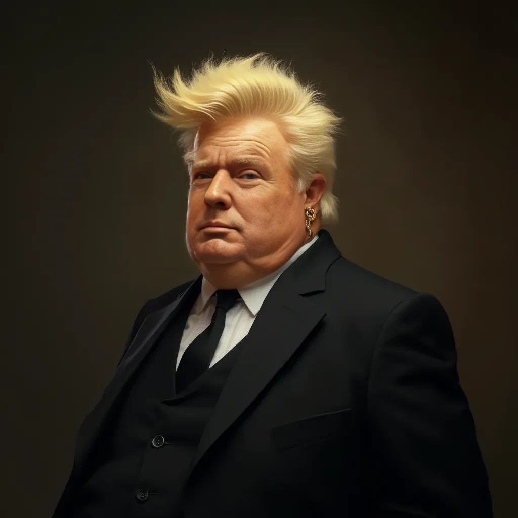 Old white man, kind of fat, in black suit, blond hair, pompadour hairstyle, yellow-ish skin color