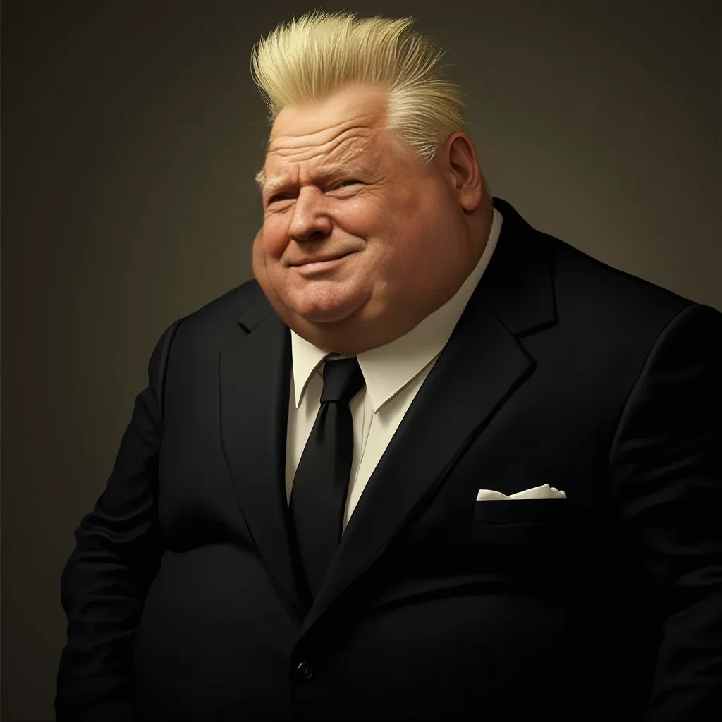 Old white man, kind of fat, in black suit, blond hair, pompadour hairstyle, yellow-ish skin color