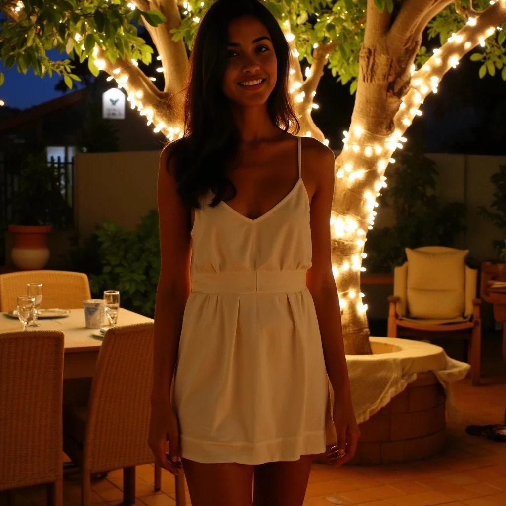Use seed 4055403. A full body shot photo of a woman standing outdoors at a cozy, warmly lit patio in the evening, with soft, glowing lights wrapped around a tree behind them creating a charming atmosphere. The image is rich in detail, with warm tones and clear textures throughout. The woman has tanned skin, a slim build, and long wavy dark brown hair cascading to her middle. She is wearing a cute cream summer mini dress. The background features a large tree with sparkling string lights wrapped around its trunk and branches, adding a magical touch to the scene. The setting suggests a private outdoor seating area, with elements like terracotta-tiled roofing, greenery, and rattan chairs contributing to a serene, inviting vibe. The overall composition is balanced, with the woman framed against the softly glowing tree, and the lighting enhances the warm, intimate feel of a quiet evening shared among friends. The details are vivid, with textures of clothing, skin, and background elements clearly visible, while the warm lighting creates a relaxed and joyful mood