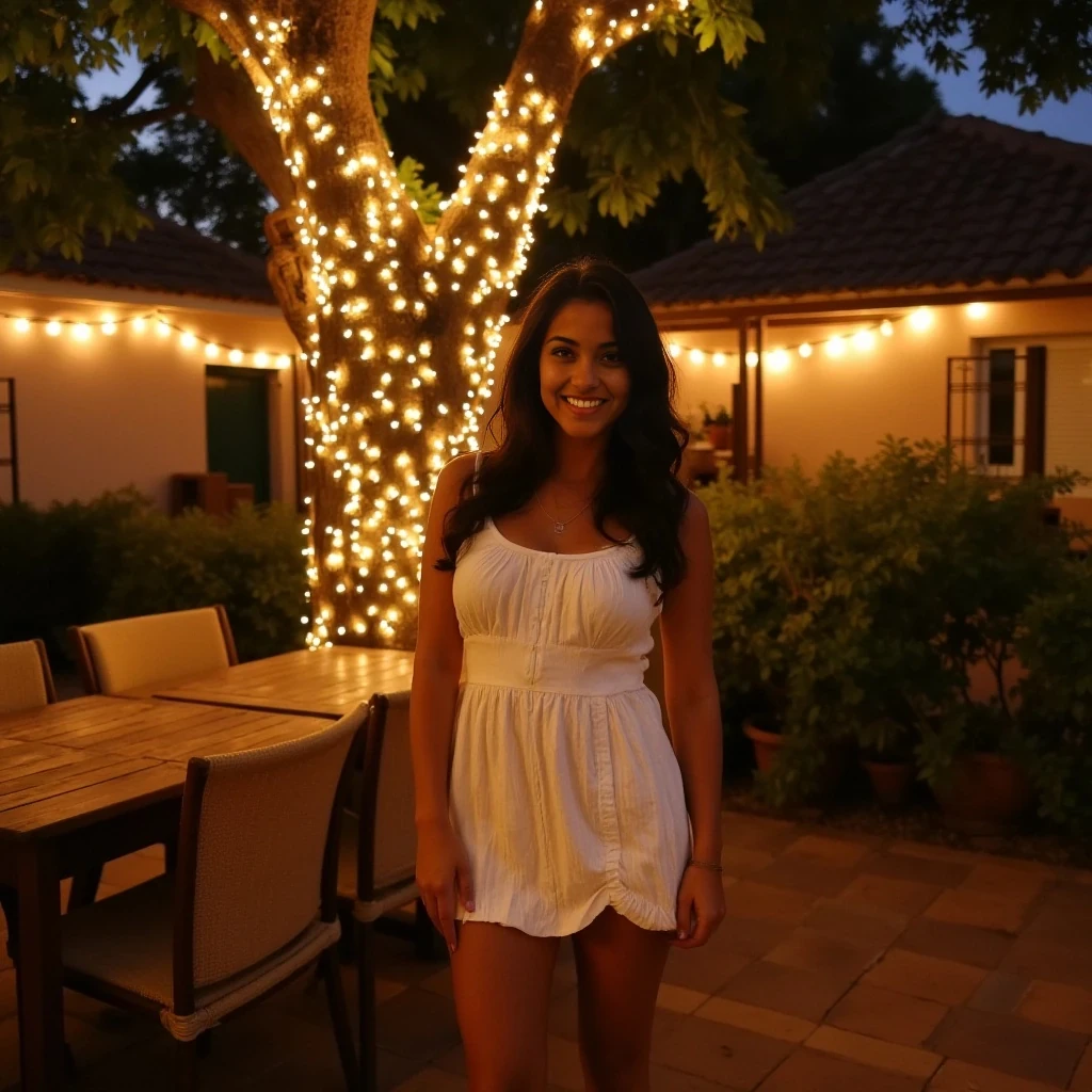 Use seed 4055403. A full body shot photo of a woman standing outdoors at a cozy, warmly lit patio in the evening, with soft, glowing lights wrapped around a tree behind them creating a charming atmosphere. The image is rich in detail, with warm tones and clear textures throughout. The woman has tanned skin, a slim build, and long wavy dark brown hair cascading to her middle. She is wearing a cute cream summer mini dress. The background features a large tree with sparkling string lights wrapped around its trunk and branches, adding a magical touch to the scene. The setting suggests a private outdoor seating area, with elements like terracotta-tiled roofing, greenery, and rattan chairs contributing to a serene, inviting vibe. The overall composition is balanced, with the woman framed against the softly glowing tree, and the lighting enhances the warm, intimate feel of a quiet evening shared among friends. The details are vivid, with textures of clothing, skin, and background elements clearly visible, while the warm lighting creates a relaxed and joyful mood
