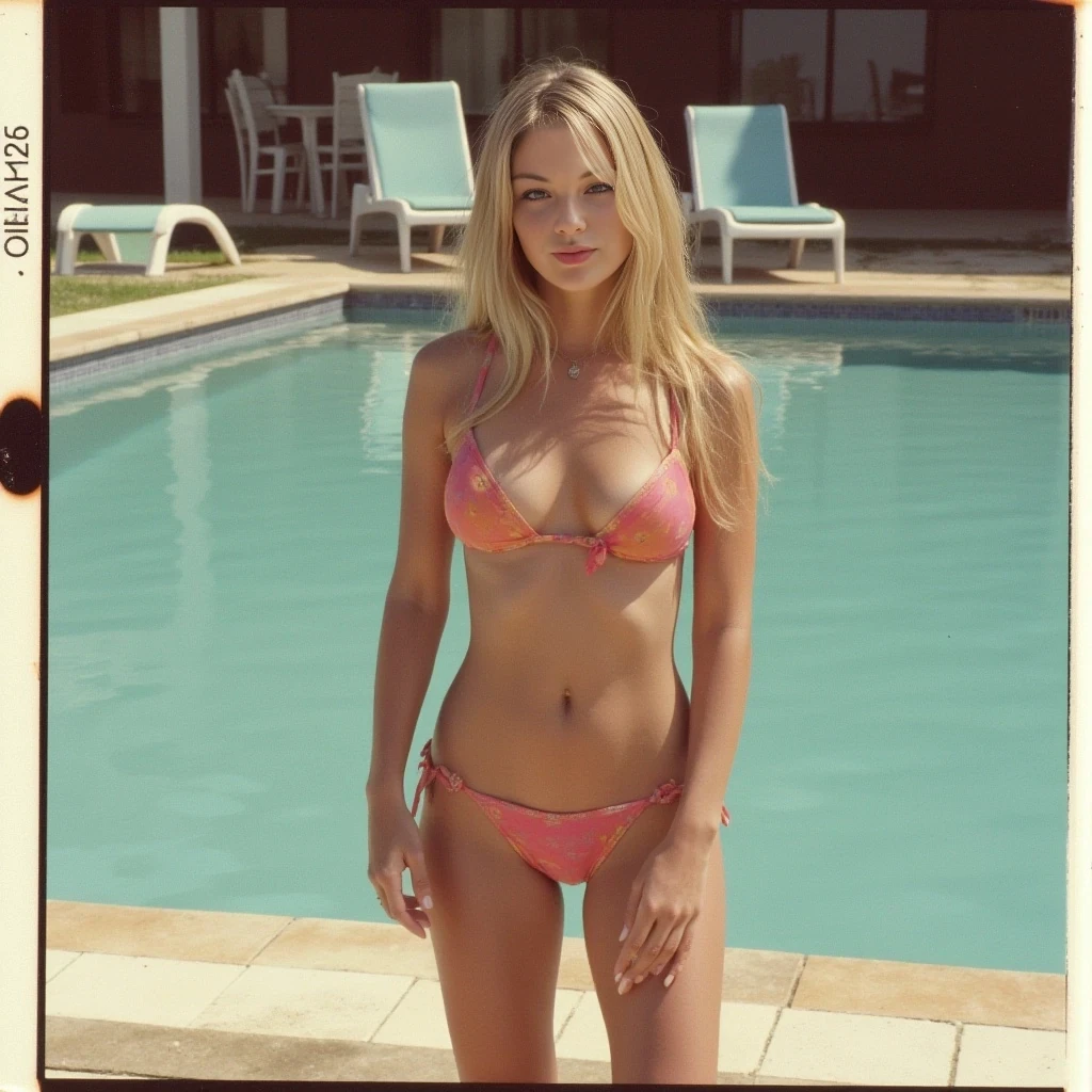 old school 1990s polaroid style, cute 25 year old  woman, bleach blonde, skinny,petite, in a thong bikini out by the pool getting some sun