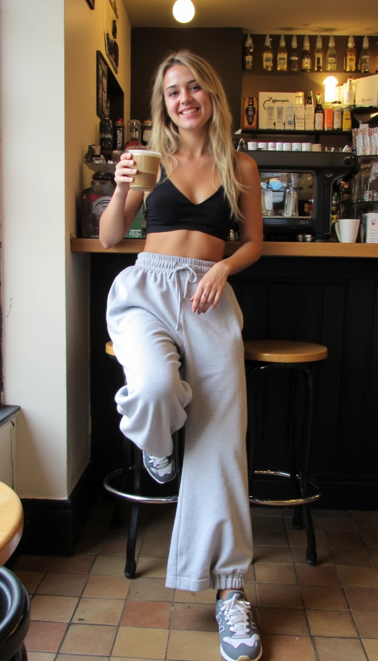 Show Beth in a biouji coffee bar in manchester with a latte, shes wearing grey joggin pants and a bra top, her left leg is half resting on the chair with he other foot on the floor, shes wearing New Balance trainers
