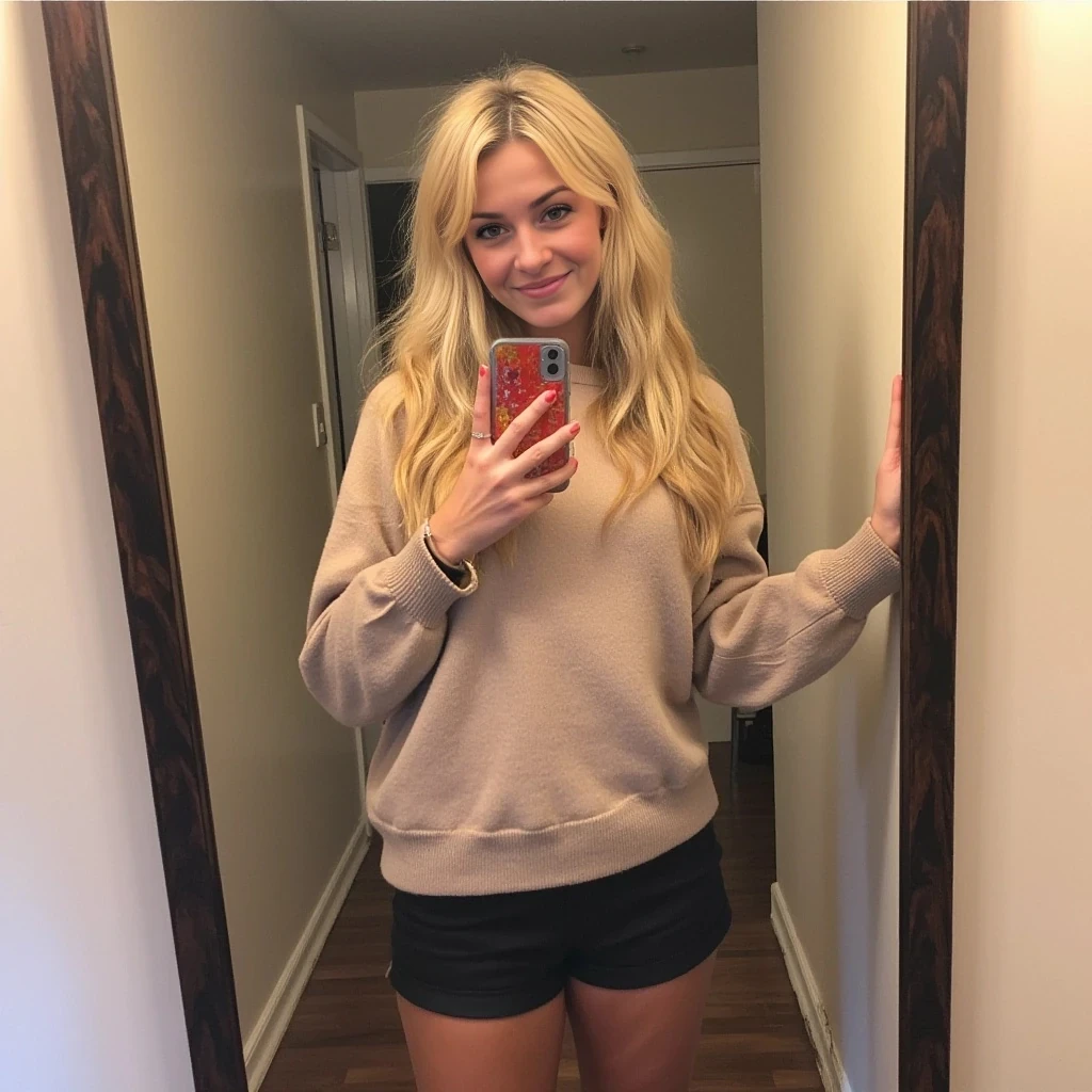 boring low quality snapchat photo circa 2015, cute woman, soft blonde hair, full outfit