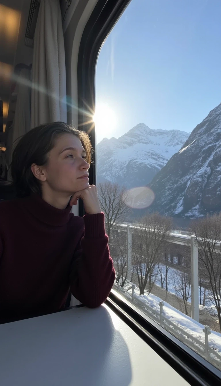 A long range low quality snap chat photo of CSTMDL looking out a train window towards the mountains of Switzerland where we can see her majority of her body and the camera snapping the photo from the opposite side of the other seats, the weather outside is cold but with the sun shining on the mountains peeks but having coverage of snow at the top of the mountain. she has her chin resting on one of her hands and the elbow on the base of the table with her head turned towards the scenery while the beautiful sunlight shines through the window. 