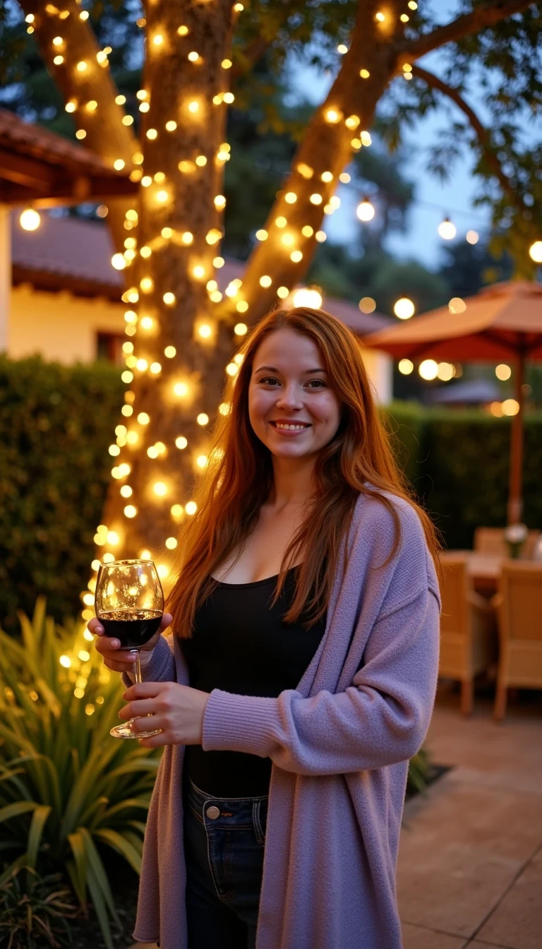 A full body shot photo of a woman standing outdoors at a cozy, warmly lit patio in the evening, with soft, glowing lights wrapped around a tree behind them creating a charming atmosphere. The image is rich in detail, with warm tones and clear textures throughout. The woman has fair skin, a slim build, and long reddish-blonde hair, also worn loose. She is smiling warmly at the camera, holding a glass of red wine in her right hand, and wears a soft-textured lavender cardigan over a black top. The background features a large tree with sparkling string lights wrapped around its trunk and branches, adding a magical touch to the scene. The setting suggests a private outdoor seating area, with elements like terracotta-tiled roofing, greenery, and rattan chairs contributing to a serene, inviting vibe. The overall composition is balanced, with the woman framed against the softly glowing tree, and the lighting enhances the warm, intimate feel of a quiet evening shared among friends. The details are vivid, with textures of clothing, skin, and background elements clearly visible, while the warm lighting creates a relaxed and joyful mood