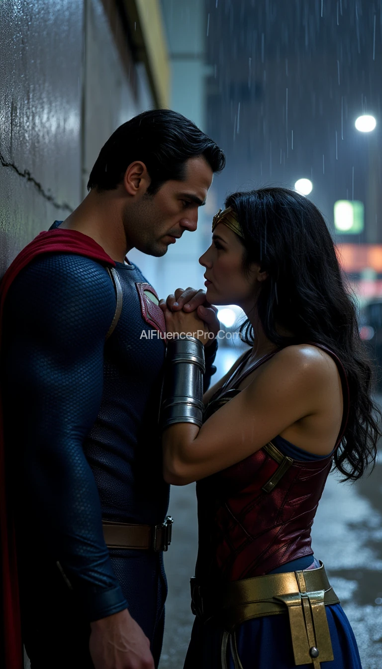 Superman leaned against the wall with a sad expression. Meanwhile, on the other side of the wall, Wonder Woman and Captain America are holding each other's hands intimately. There was heavy rain at night. Captain America wears his iconic blue and white costume. Photorealistic. Hyper-realistic. Very detailed. Facial details. Finger details. Sharp focus. HD. 8k