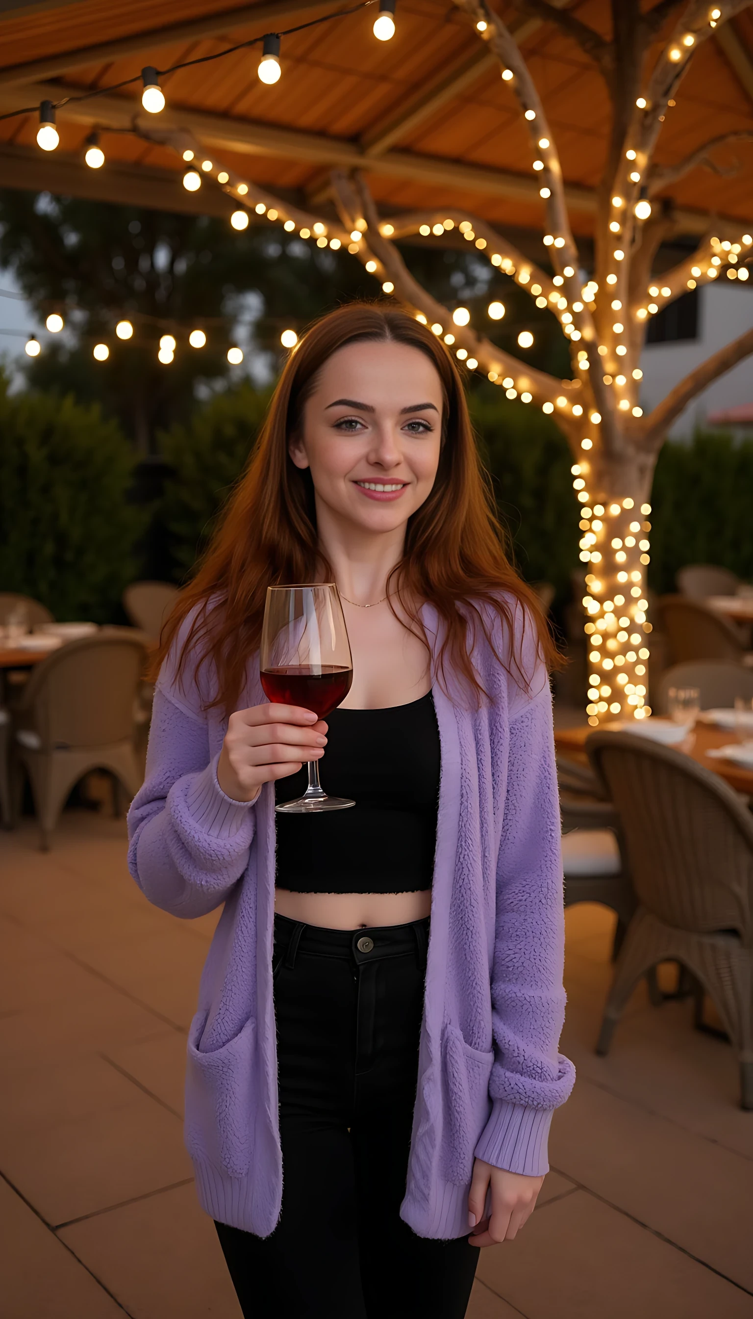A full body shot photo of a woman standing outdoors at a cozy, warmly lit patio in the evening, with soft, glowing lights wrapped around a tree behind them creating a charming atmosphere. The image is rich in detail, with warm tones and clear textures throughout. The woman has fair skin, a slim build, and long reddish-blonde hair, also worn loose. She is smiling warmly at the camera, holding a glass of red wine in her right hand, and wears a soft-textured lavender cardigan over a black top. The background features a large tree with sparkling string lights wrapped around its trunk and branches, adding a magical touch to the scene. The setting suggests a private outdoor seating area, with elements like terracotta-tiled roofing, greenery, and rattan chairs contributing to a serene, inviting vibe. The overall composition is balanced, with the woman framed against the softly glowing tree, and the lighting enhances the warm, intimate feel of a quiet evening shared among friends. The details are vivid, with textures of clothing, skin, and background elements clearly visible, while the warm lighting creates a relaxed and joyful mood