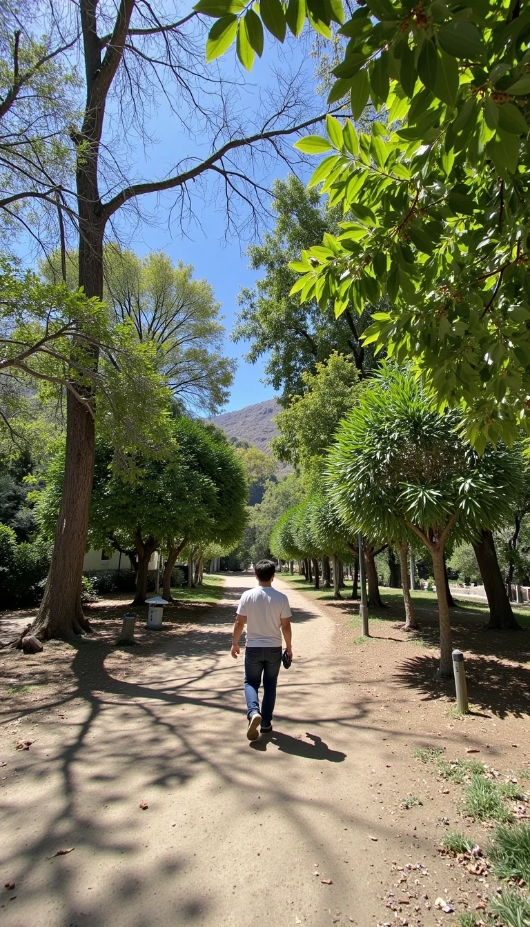 realistic iphone portrait of CSTMDL  walking through a park facing the opposite direction
