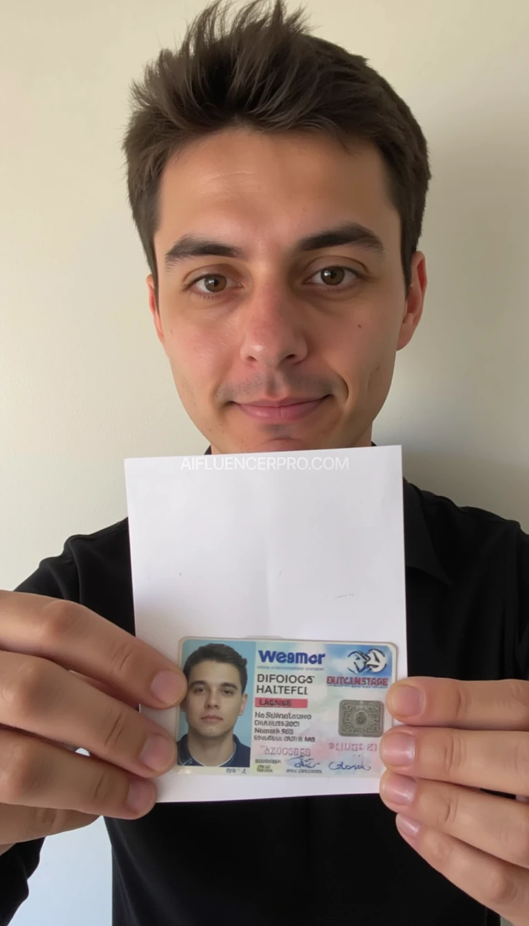 photo of man CSTMDL, holding driver license id and A4 piece of white paper behind it, wall background, natural lighting, boring low quality snapchat photo circa 2015, selfie,