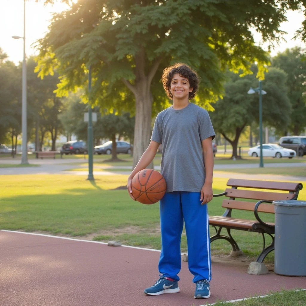 boring low quality snapchat photo circa 2015. A full body shot photo of a 16-year-old boy, standing outdoors at a parkland basketball court, warmly lit in the late afternoon. The image is rich in detail, with warm tones and clear textures throughout. The boy has tanned skin, a medium, athletic build, brown curly hair and brown almond-shaped eyes. He is smiling subtly and warmly at the camera, holding a basketball in his hands, and wearing blue basketball pants, an oversized grey t-shirt and used Nike runners. The background features a half basketball court at an open park with a large tree. The setting suggests a public park area in a suburban area, with elements like middle-income homes in the distance, parked middle-income cars, greenery, and a brown, timber park bench with a grey metal bin beside it. The overall composition is balanced, with the young boy framed against the half-court basketball, and the afternoon lighting evoking a summery feel. The details are vivid, with textures of clothing, skin, and background elements clearly visible, while the warm lighting creates a relaxed and joyful mood