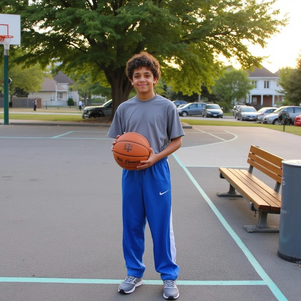 boring low quality snapchat photo circa 2015. A full body shot photo of a 16-year-old boy, standing outdoors at a parkland basketball court, warmly lit in the late afternoon. The image is rich in detail, with warm tones and clear textures throughout. The boy has tanned skin, a medium, athletic build, brown curly hair and brown almond-shaped eyes. He is smiling subtly and warmly at the camera, holding a basketball in his hands, and wearing blue basketball pants, an oversized grey t-shirt and used Nike runners. The background features a half basketball court at an open park with a large tree. The setting suggests a public park area in a suburban area, with elements like middle-income homes in the distance, parked middle-income cars, greenery, and a brown, timber park bench with a grey metal bin beside it. The overall composition is balanced, with the young boy framed against the half-court basketball, and the afternoon lighting evoking a summery feel. The details are vivid, with textures of clothing, skin, and background elements clearly visible, while the warm lighting creates a relaxed and joyful mood