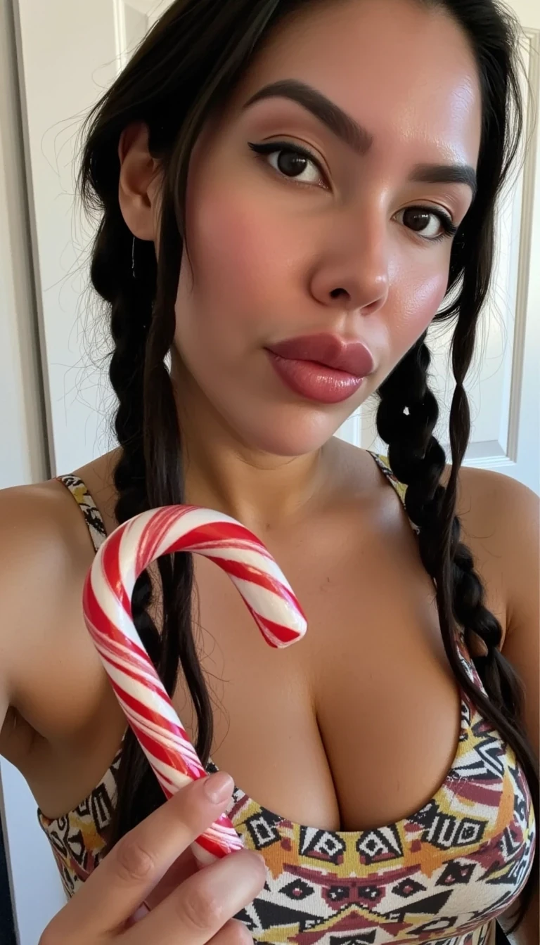 A selfie photo close up of CSTMDL a 35-year-old native American woman, she is posing seductively for the camera, she maintains intense eye contact with the camera at all times, she has native American style hair in two long braids, she is wearing a skin tight form fitting onesie with native American geometric patterns on it, she is holding a candycane that is two inches in girth, realistic,