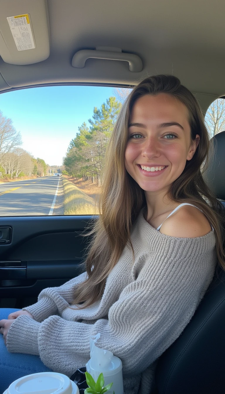 boring low quality snapchat photo circa 2015, A young woman with a warm smile, sitting in the driver's seat of a cozy car. She has soft, wavy brown hair cascading past her shoulders. The sunlight streams through the window, casting a gentle glow on her face. The interior of the car is neat and comfortable, with a coffee cup in the cup holder and a small plant on the dashboard. The background outside the window shows a scenic road lined with trees and blue skies