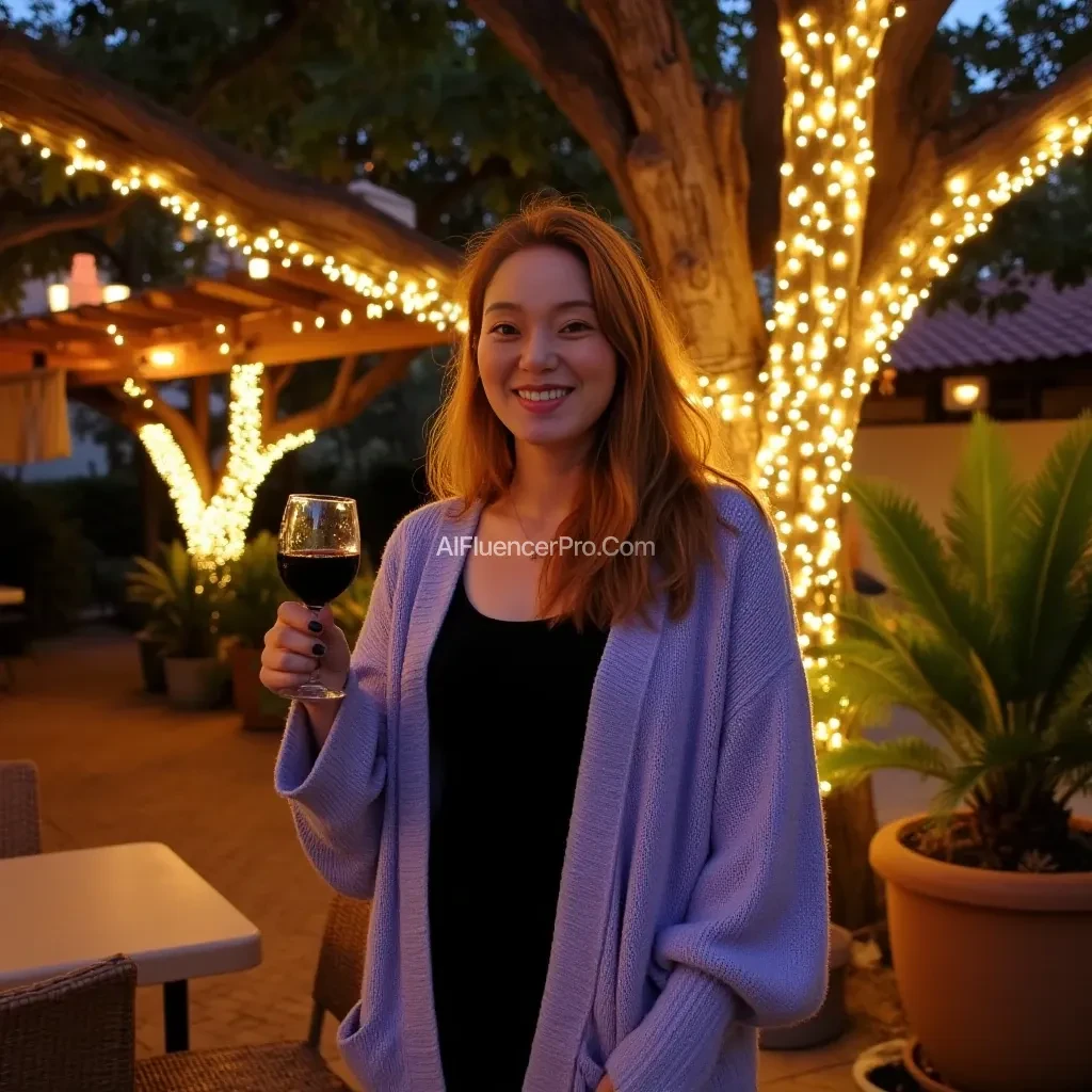 A full body shot photo of a woman standing outdoors at a cozy, warmly lit patio in the evening, with soft, glowing lights wrapped around a tree behind them creating a charming atmosphere. The image is rich in detail, with warm tones and clear textures throughout. The woman has fair skin, a slim build, and long reddish-blonde hair, also worn loose. She is smiling warmly at the camera, holding a glass of red wine in her right hand, and wears a soft-textured lavender cardigan over a black top. The background features a large tree with sparkling string lights wrapped around its trunk and branches, adding a magical touch to the scene. The setting suggests a private outdoor seating area, with elements like terracotta-tiled roofing, greenery, and rattan chairs contributing to a serene, inviting vibe. The overall composition is balanced, with the woman framed against the softly glowing tree, and the lighting enhances the warm, intimate feel of a quiet evening shared among friends. The details are vivid, with textures of clothing, skin, and background elements clearly visible, while the warm lighting creates a relaxed and joyful mood