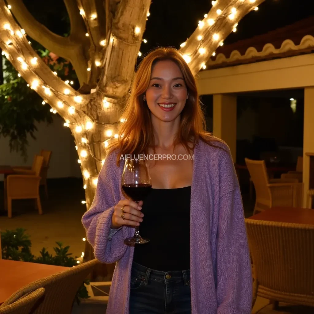 A full body shot photo of a woman standing outdoors at a cozy, warmly lit patio in the evening, with soft, glowing lights wrapped around a tree behind them creating a charming atmosphere. The image is rich in detail, with warm tones and clear textures throughout. The woman has fair skin, a slim build, and long reddish-blonde hair, also worn loose. She is smiling warmly at the camera, holding a glass of red wine in her right hand, and wears a soft-textured lavender cardigan over a black top. The background features a large tree with sparkling string lights wrapped around its trunk and branches, adding a magical touch to the scene. The setting suggests a private outdoor seating area, with elements like terracotta-tiled roofing, greenery, and rattan chairs contributing to a serene, inviting vibe. The overall composition is balanced, with the woman framed against the softly glowing tree, and the lighting enhances the warm, intimate feel of a quiet evening shared among friends. The details are vivid, with textures of clothing, skin, and background elements clearly visible, while the warm lighting creates a relaxed and joyful mood