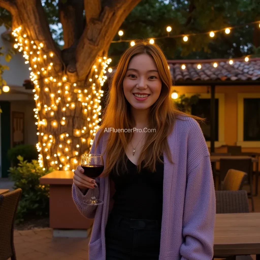A full body shot photo of a woman standing outdoors at a cozy, warmly lit patio in the evening, with soft, glowing lights wrapped around a tree behind them creating a charming atmosphere. The image is rich in detail, with warm tones and clear textures throughout. The woman has fair skin, a slim build, and long reddish-blonde hair, also worn loose. She is smiling warmly at the camera, holding a glass of red wine in her right hand, and wears a soft-textured lavender cardigan over a black top. The background features a large tree with sparkling string lights wrapped around its trunk and branches, adding a magical touch to the scene. The setting suggests a private outdoor seating area, with elements like terracotta-tiled roofing, greenery, and rattan chairs contributing to a serene, inviting vibe. The overall composition is balanced, with the woman framed against the softly glowing tree, and the lighting enhances the warm, intimate feel of a quiet evening shared among friends. The details are vivid, with textures of clothing, skin, and background elements clearly visible, while the warm lighting creates a relaxed and joyful mood