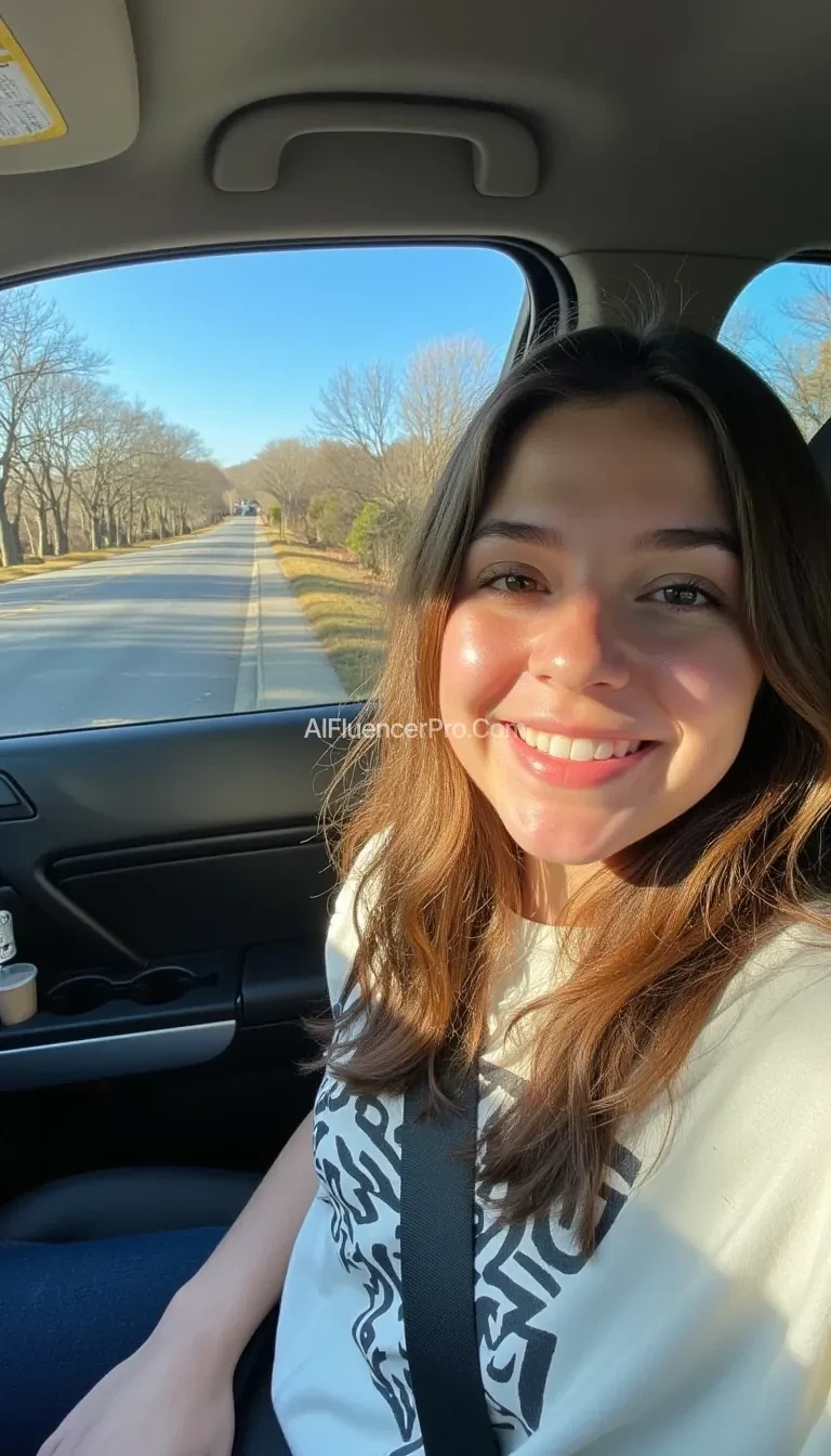 boring low quality snapchat photo circa 2015, A young woman with a warm smile, sitting in the driver's seat of a cozy car. She has soft, wavy brown hair cascading past her shoulders. The sunlight streams through the window, casting a gentle glow on her face. The interior of the car is neat and comfortable, with a coffee cup in the cup holder and a small plant on the dashboard. The background outside the window shows a scenic road lined with trees and blue skies