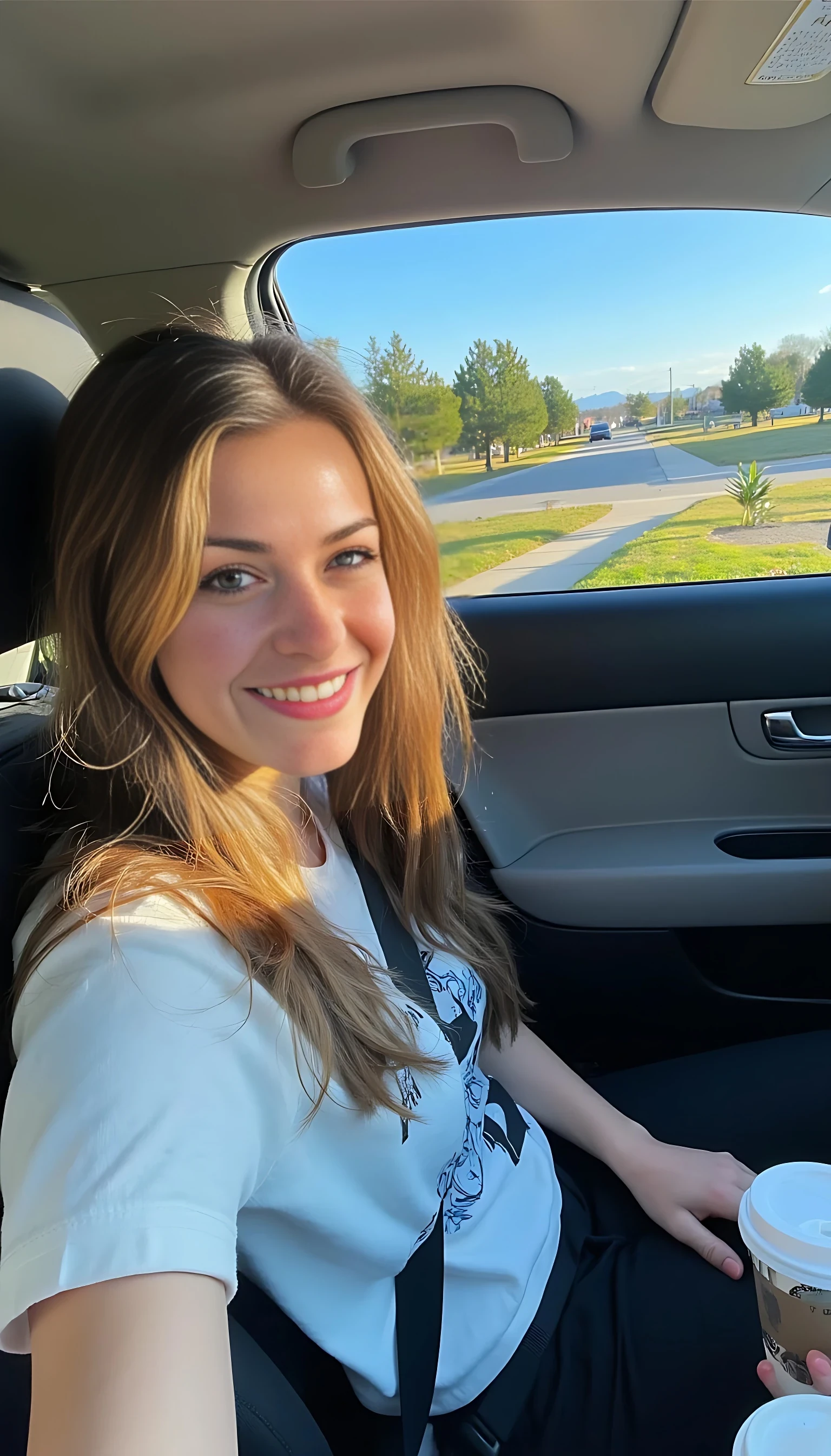 boring low quality snapchat photo circa 2015, A young woman with a warm smile, sitting in the driver's seat of a cozy car. She has soft, wavy brown hair cascading past her shoulders. The sunlight streams through the window, casting a gentle glow on her face. The interior of the car is neat and comfortable, with a coffee cup in the cup holder and a small plant on the dashboard. The background outside the window shows a scenic road lined with trees and blue skies
